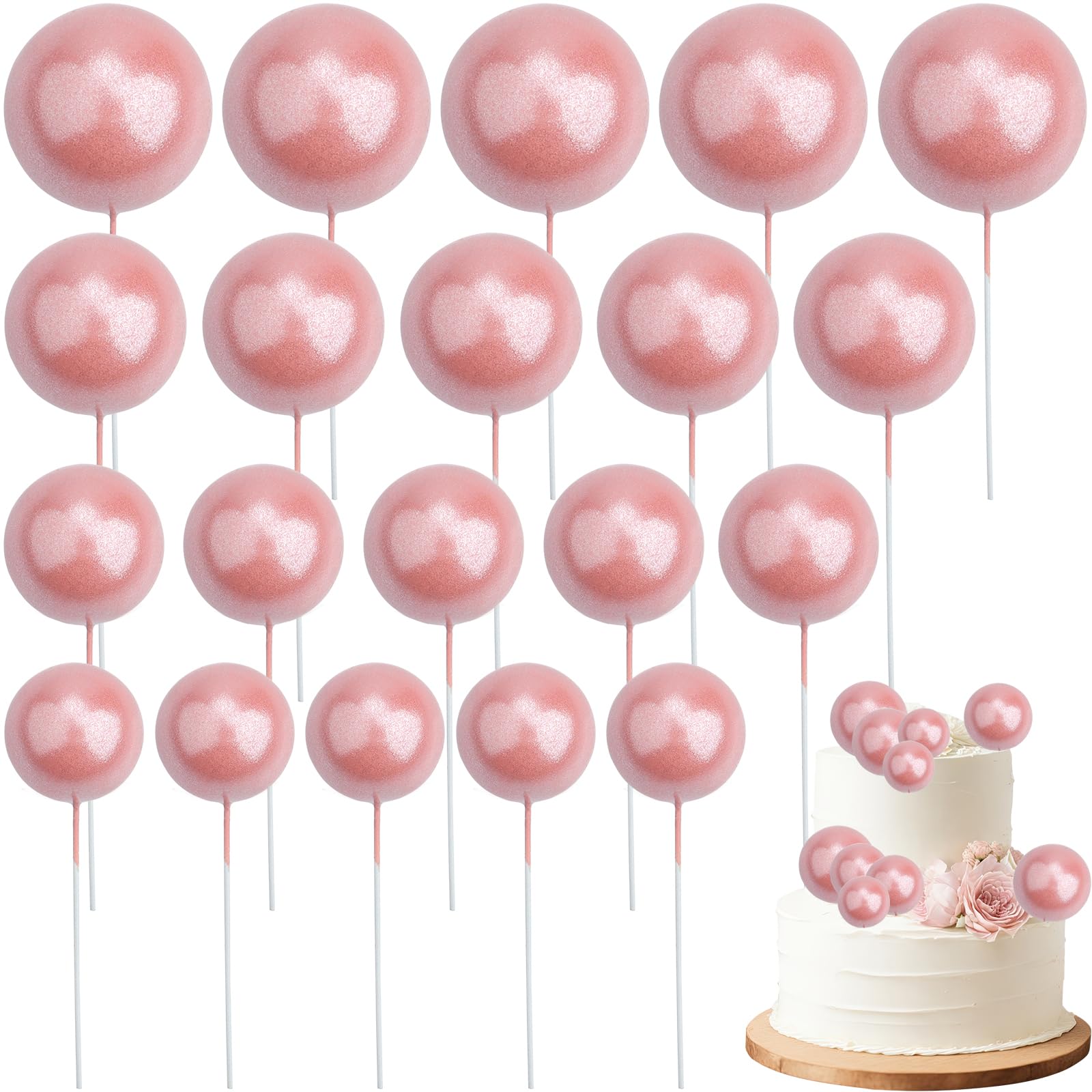 LHNNDM Ball Cake Topper Decorations, Birthday Cake Toppers, Mini Balloons Cake Topper Sticks for Birthday Wedding Baby Shower Party Decoration (Pearl-Finish Pink)