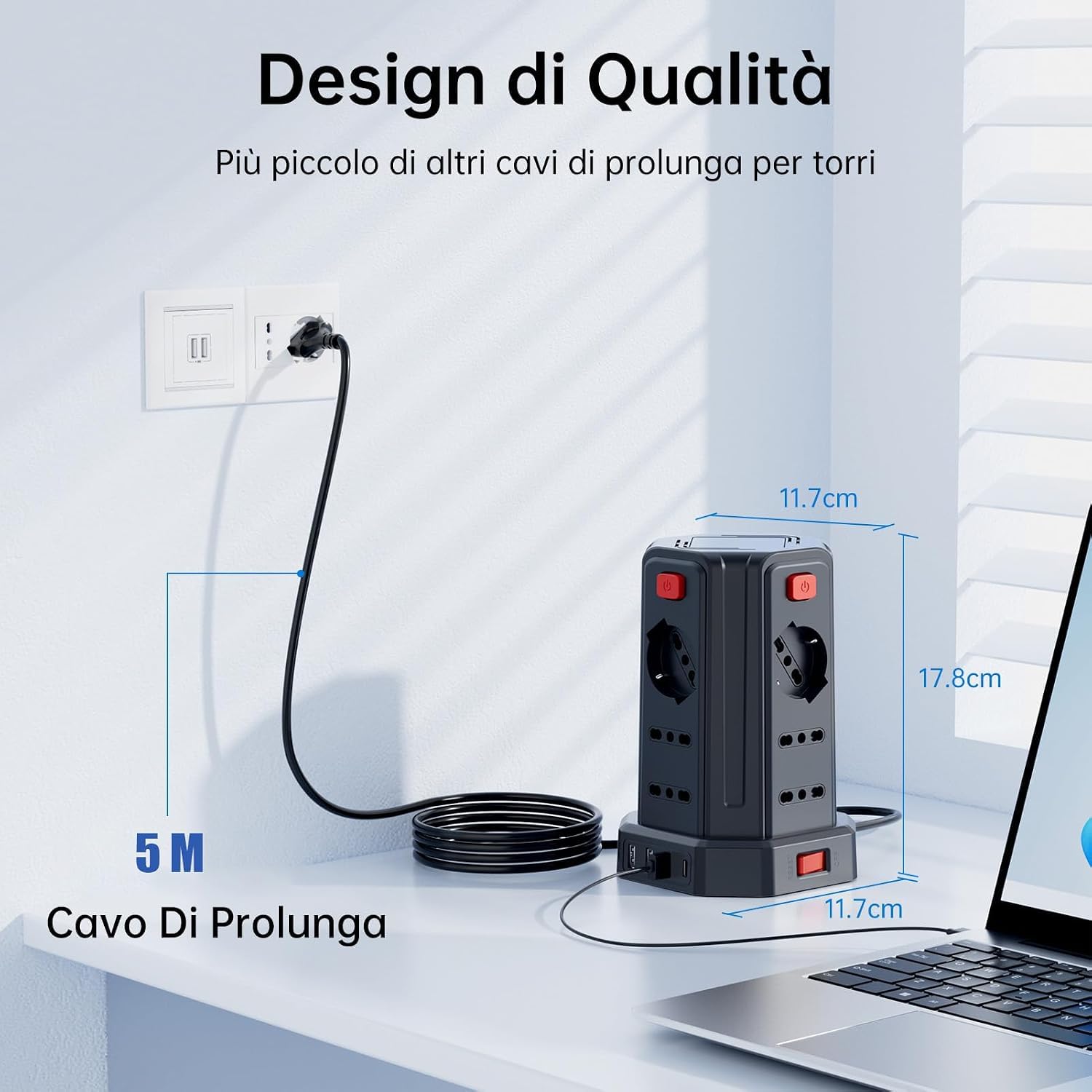 Regleta eléctrica de 5 m con 12 tomas universales ITA y Schuko, 4 USB