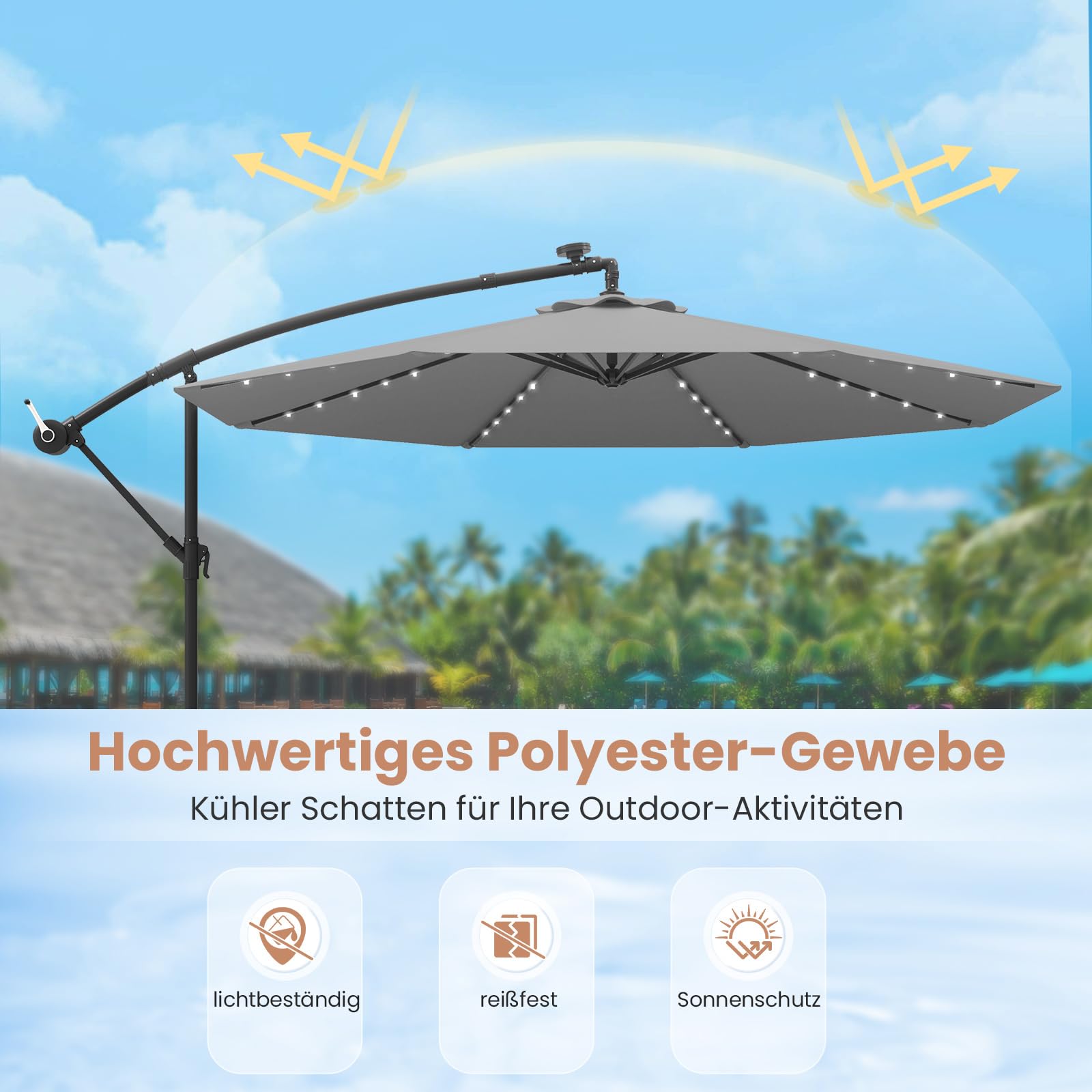 COSTWAY 300 cm Sonnenschirm mit Ständer und LED-Leuchten, Ampelschirm mit Kurbel, Gartenschirm, UV-Schutz, Marktschirm, Terrassenschirm für Garten, Pool, Terrasse (Grau)