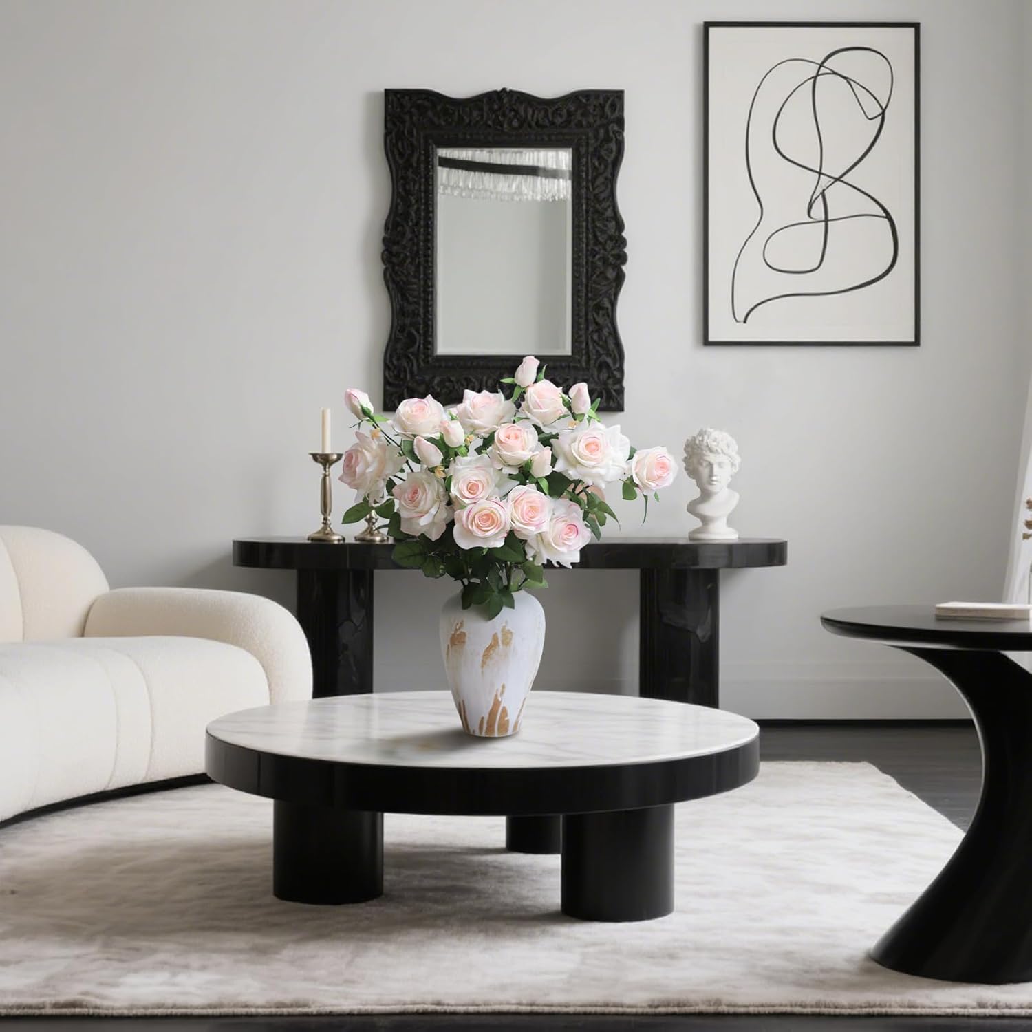 KBREE 30” Real Touch Roses Pink White Flowers, 3Pcs Pink Roses Artificial Flowers with Long Stems, 3 Blooms Per Stem, Realistic Silk Flowers for Wedding, Home & Office Décor - Image 3