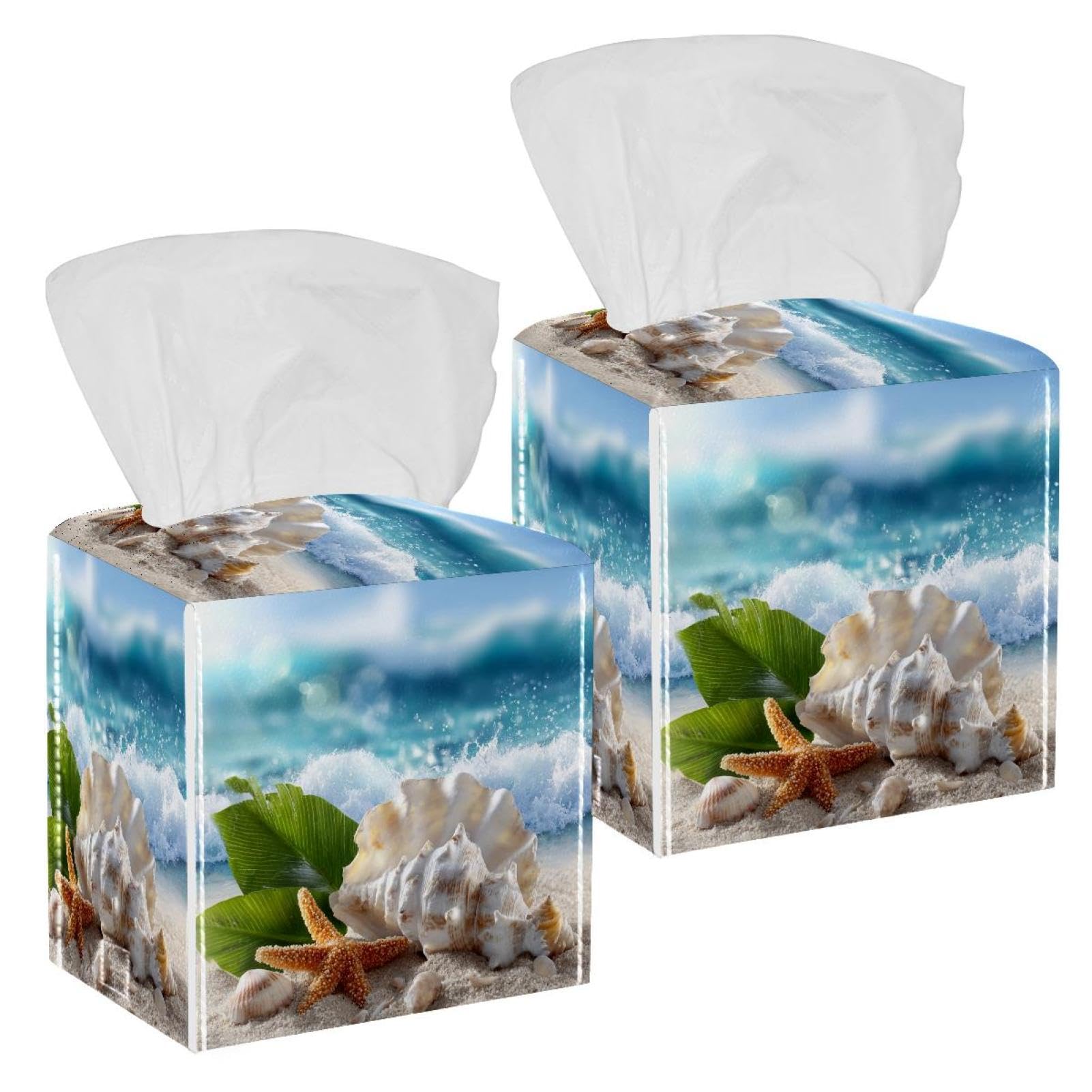 Beach Starfish Tissue Box Cover, 2 Pack PU Leather Square Facial Tissue Dispenser Box holder for Home Office Car
