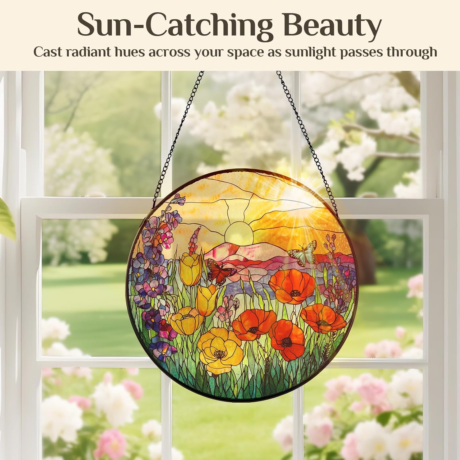 Stained Glass Window Hanging Sunrise Suncatcher, Renyalora 10 Inch Round Wildflower Glass Sun Catcher for Window Wall Art for Home, Patio, Porch, Outdoor Garden Décor Gift for Nature Lovers & Women - Image 2