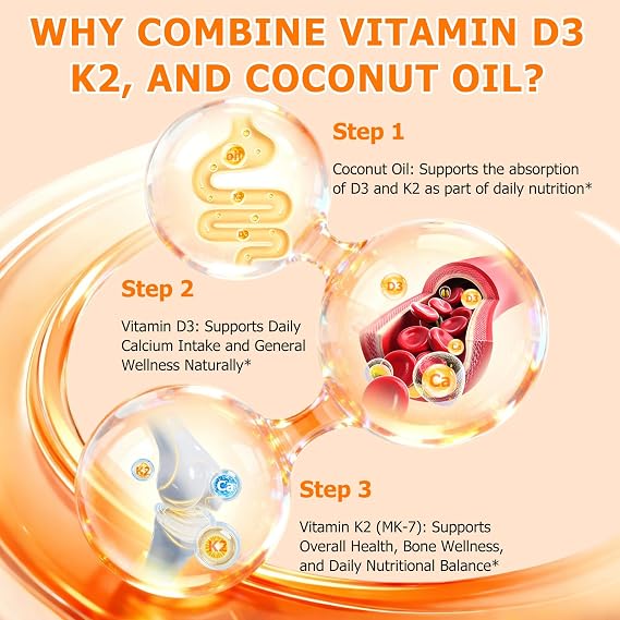 Vitamin D3 K2 Supplement Softgel, Vitamin D3 K2 Softgel with 10000 IU Supports Immune, Heart, Teeth & Bone Health, Gluten, Soy, 120 Softgels
