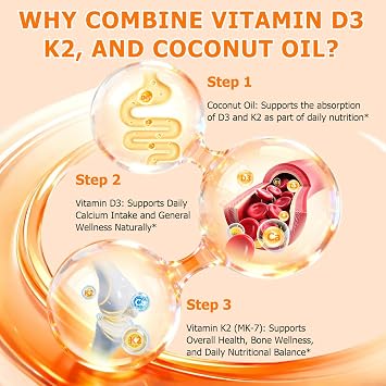 Vitamin D3 K2 Supplement Softgel, Vitamin D3 K2 Softgel with 10000 IU Supports Immune, Heart, Teeth & Bone Health, Gluten, Soy, 120 Softgels