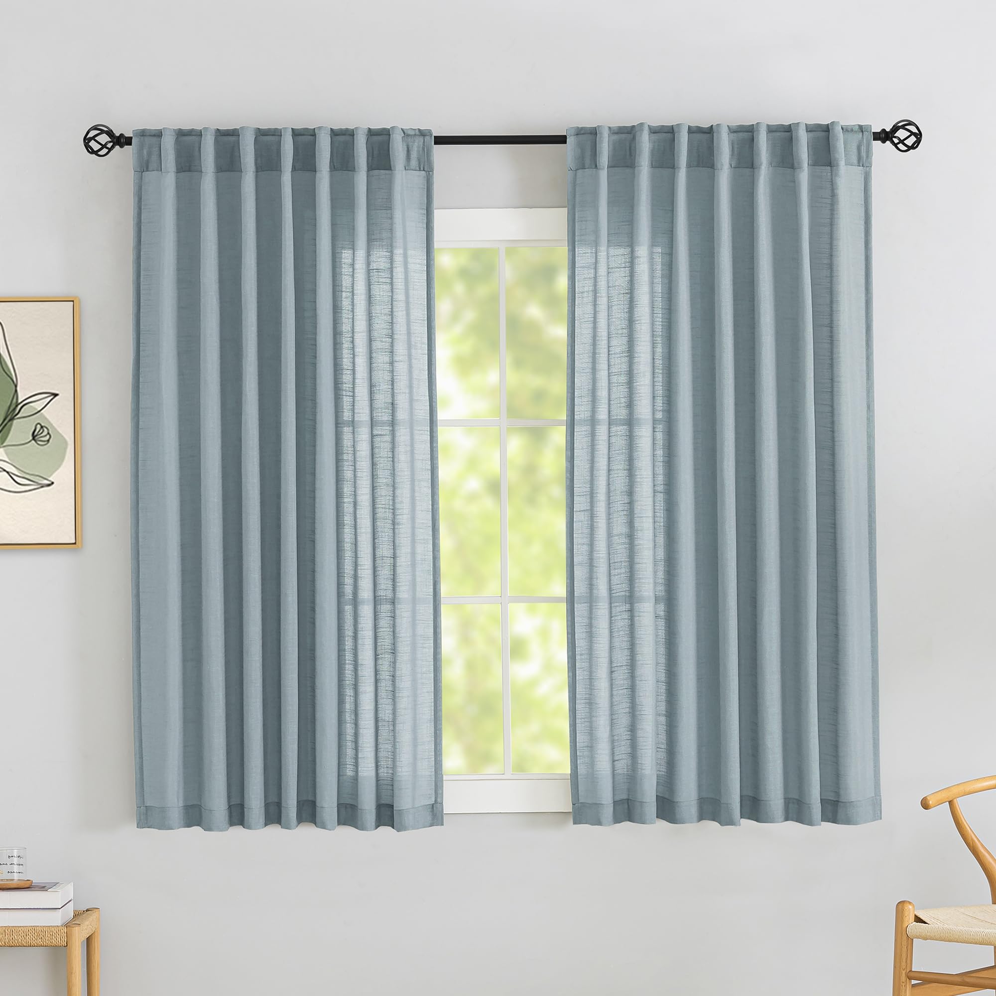 Stone Blue Linen Back Tab Curtains 64 Inches Long 2 Panels Set for Boys' Room - Modern Cottagecore Pocket Semi Sheer Privacy Drapes Hooks Belt Light