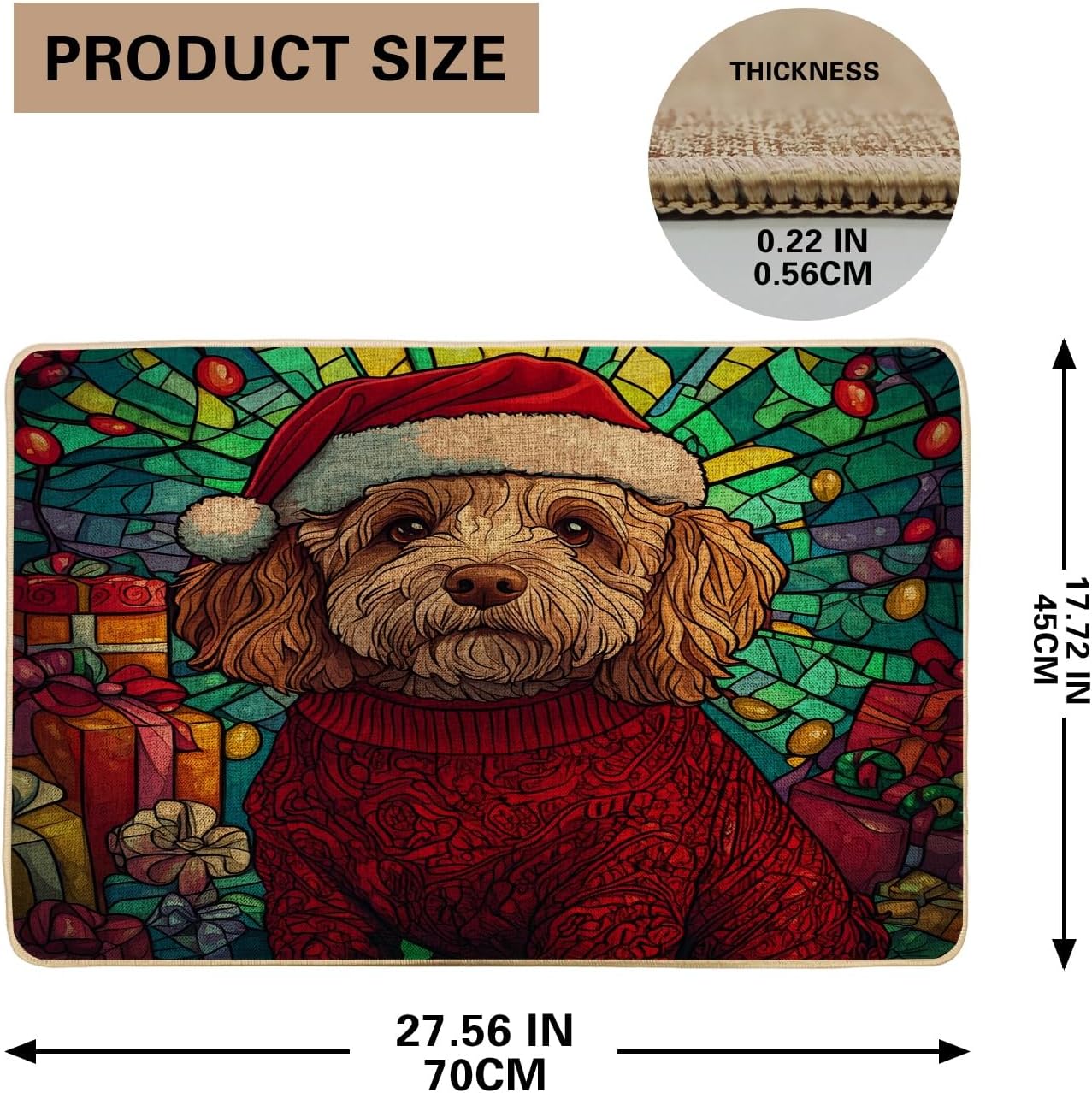 Christmas Cockapoo Dog Front Black Door Mat Outside Inside Entrance 29‘’x17‘’, Stained Glass Winter Puppy Outdoor Entry Fromt Doormat, Small Fun Pet Shoes Off Door Rug for Patio