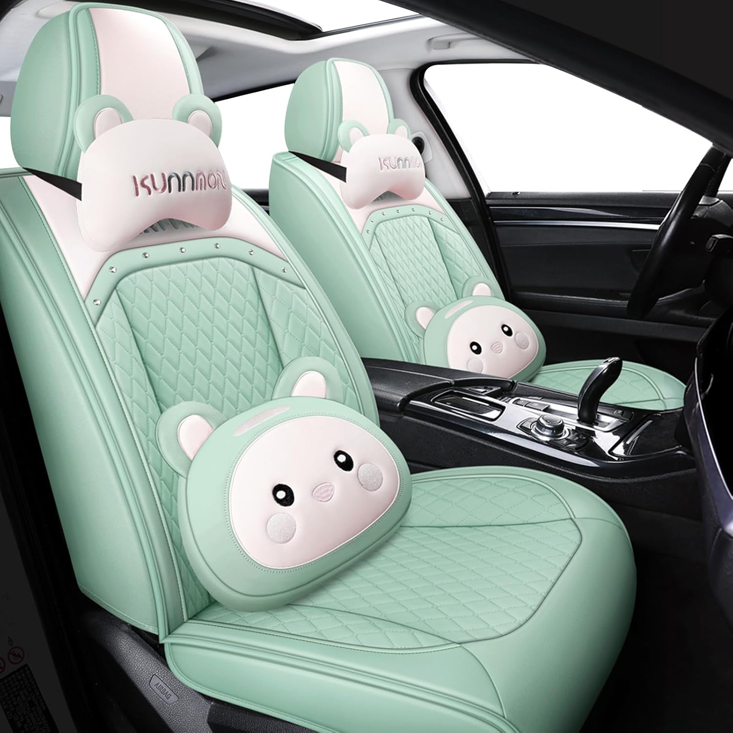 JinlinKar Cute Cartoon Bear car seat Cover 5 Set with Waterproof PU Leather for Cars SUV Pick-up Truck Universal Fit Set (Green)
