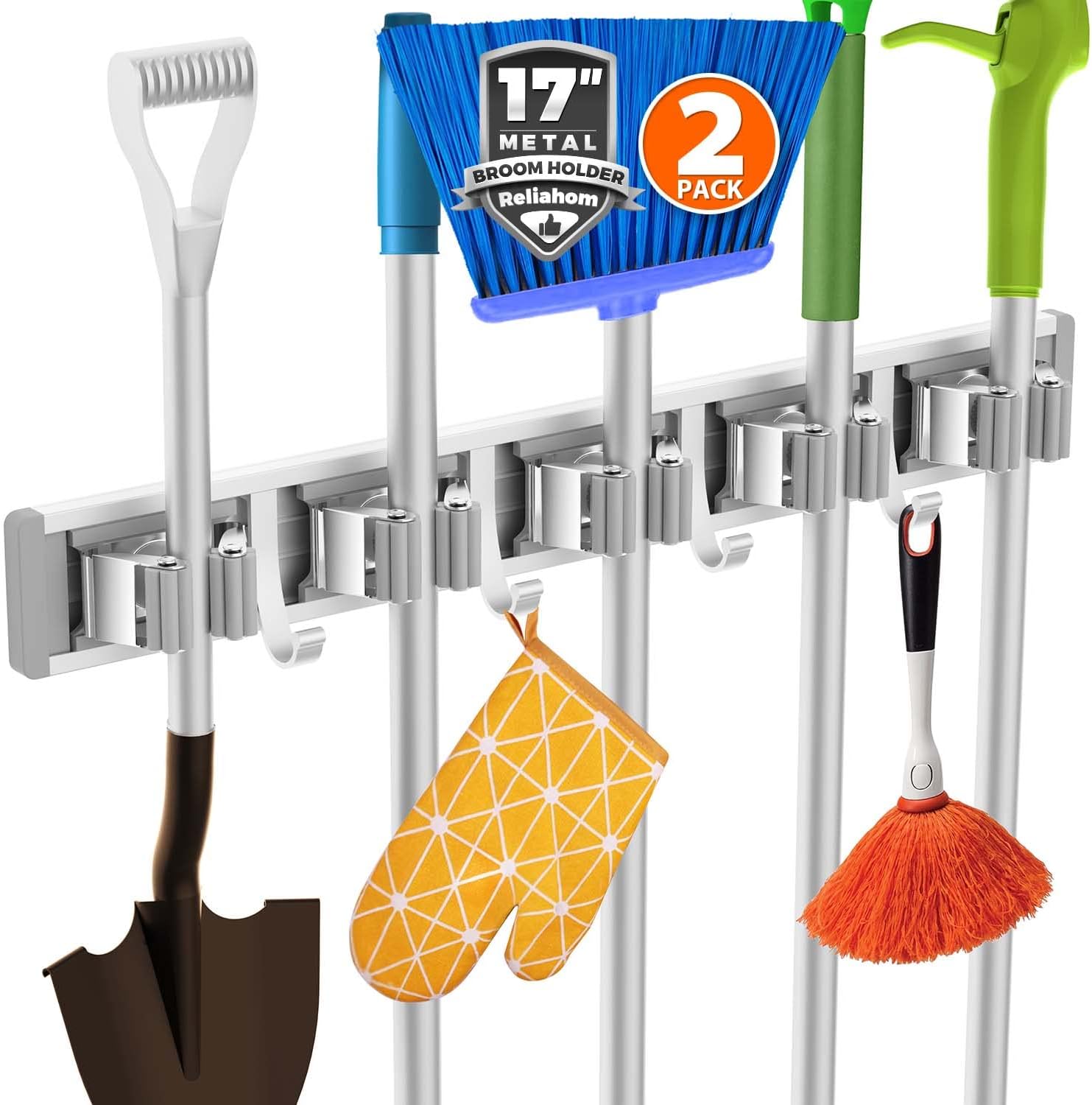 reliahom Broom Holder Wall Mount, 2 Pack 5 Racks with 4 Hooks Silver - Mop Storage Tool Racks, Broom Hanger Tool Organizer for Garage, Kitchen, Garden, Laundry Room
