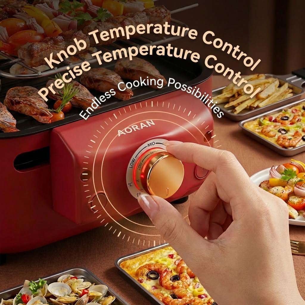5-in-1 Electric Grill, 1700W High Power BBQ Grill, Indoor Outdoor Portable Grill with Removable Plate, Precise Temp Control, Easy Clean, Includes Clips & Sponge, White/Black/Red (red)