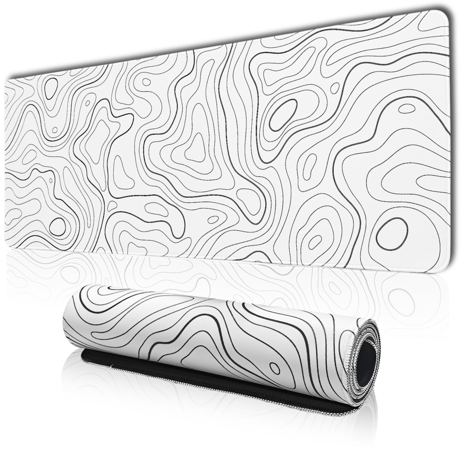 Topography Large Gaming Mouse Pad for Desk, Desk Mat with Seamed Edges, Waterproof Desk Pad, Non-Slip Rubber Base, 31.5x11.8 Inch Keyboard Pad Computer Mat, Big XL White Mousepad