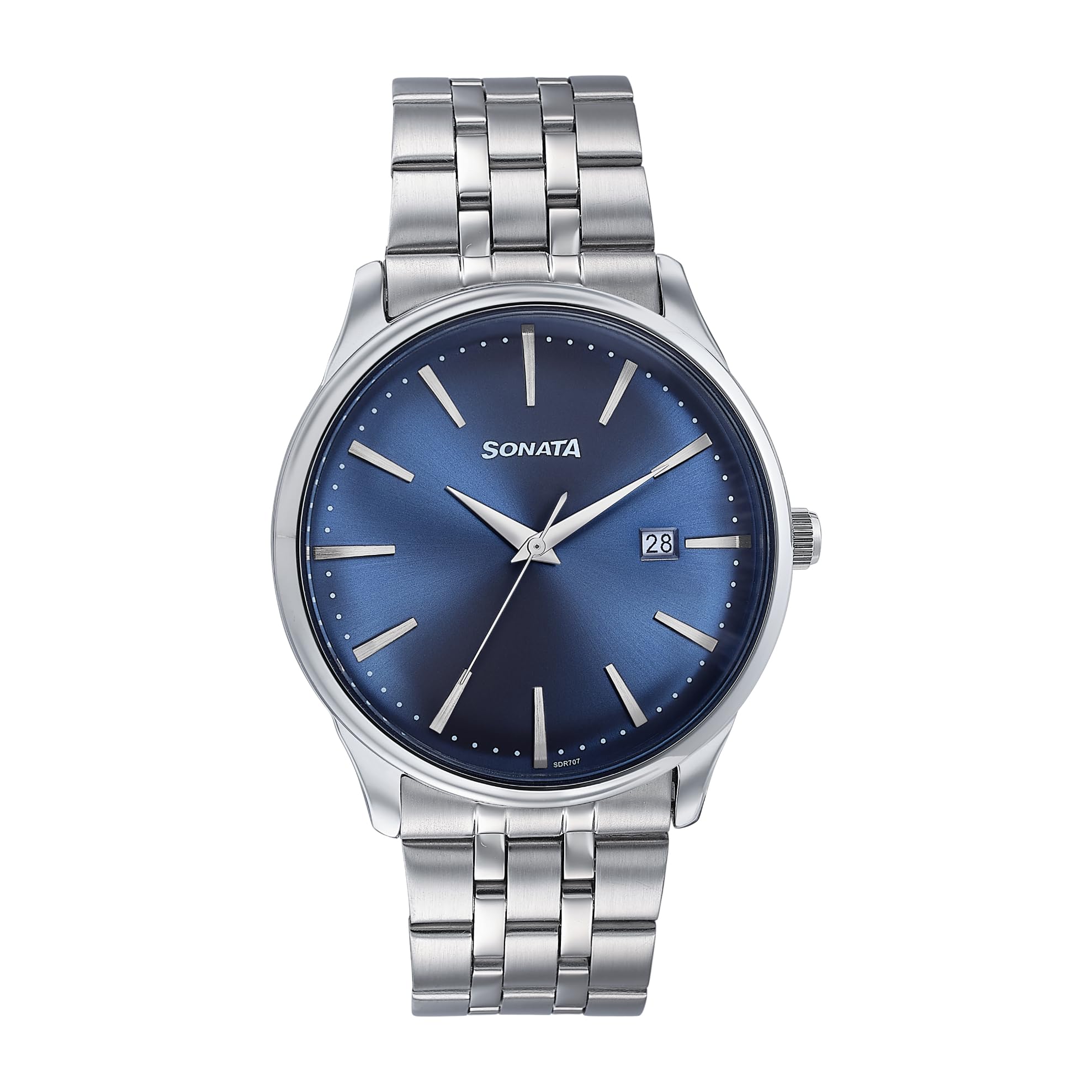 wedding edit quartz analog with date blue dial stainless steel strap watch for men