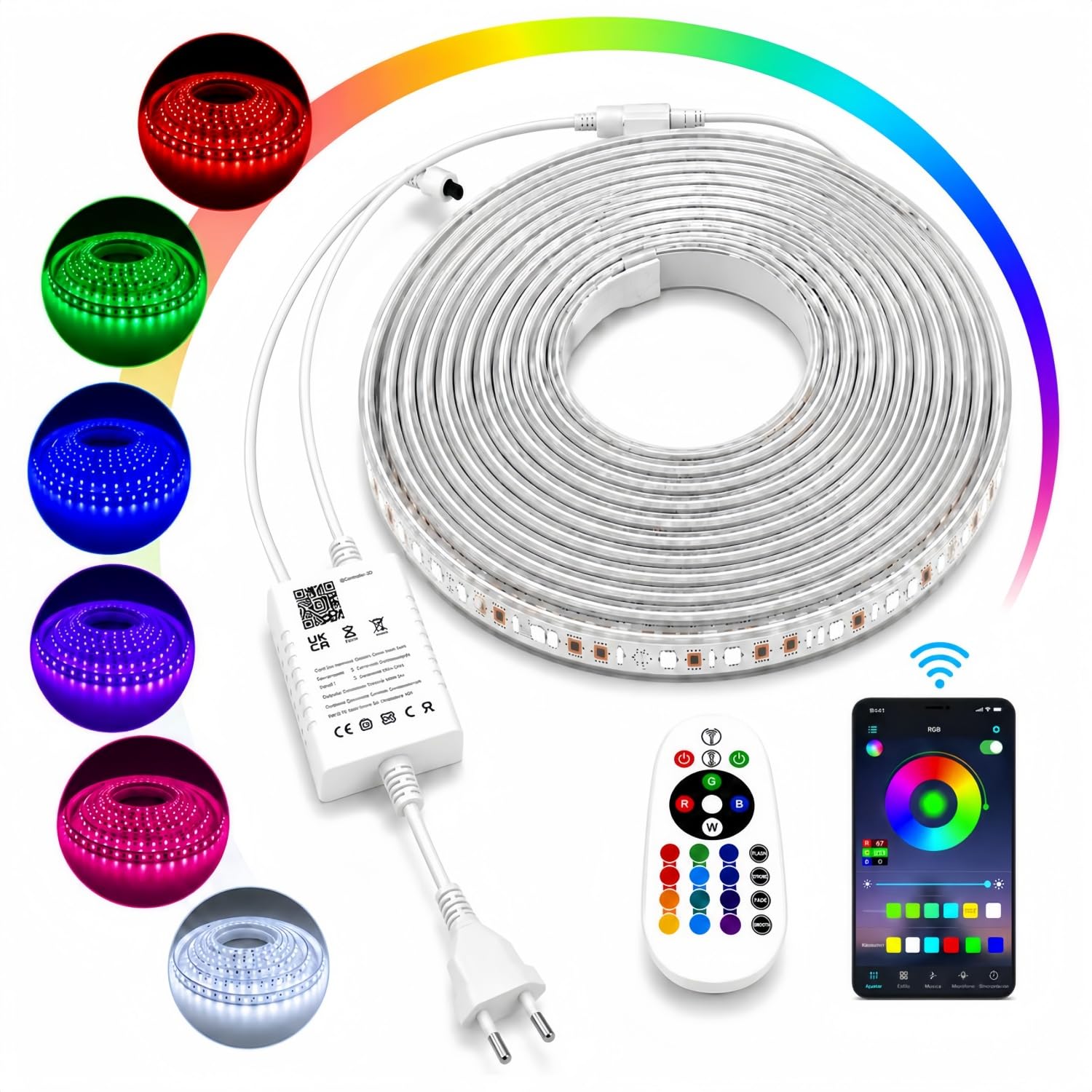 ONSSI Tiras LED 220V RGB Multicolor 15M, IP65, SMD5050, 60 LED/m, con Controlador Bluetooth, Control por APP y Mando a Distancia