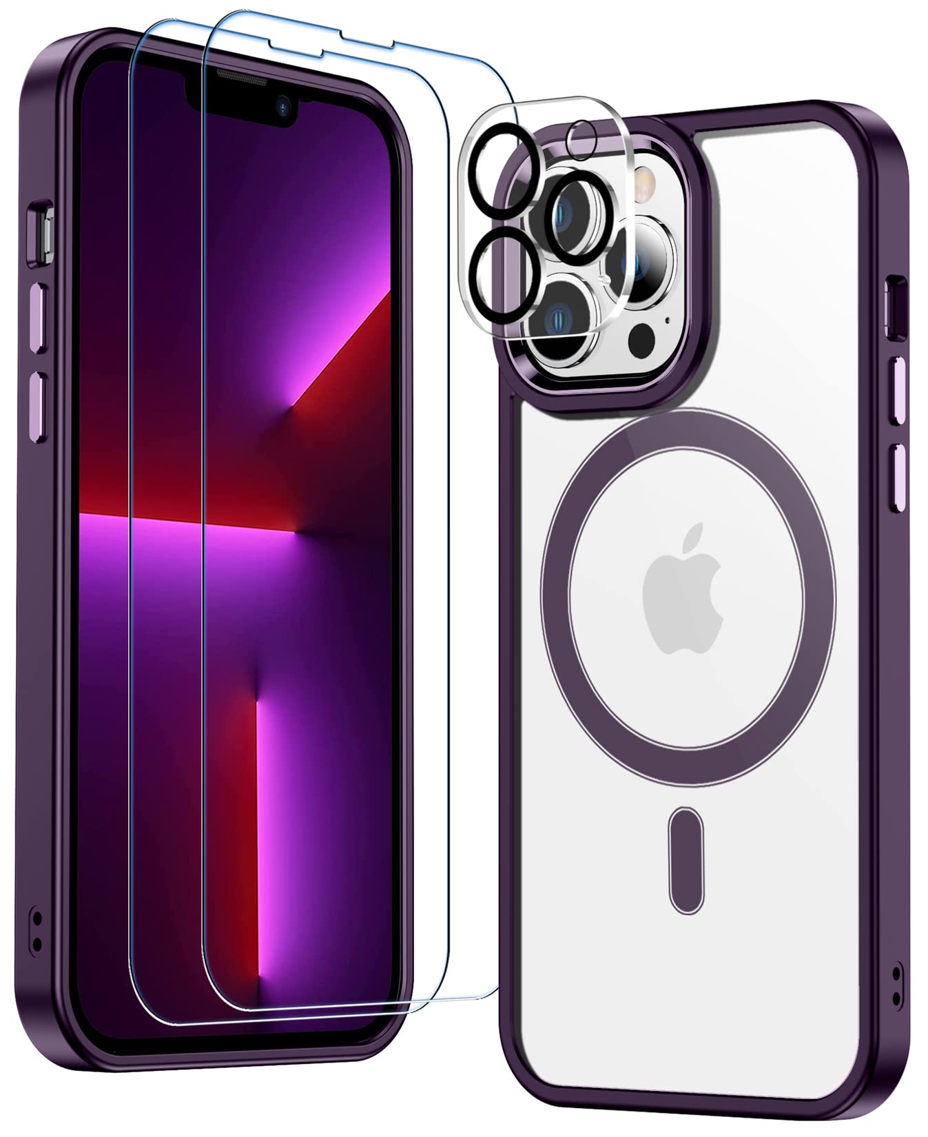 TemdanStrong Magnetic Case for iPhone 13 Pro Max Case Clear,[Compatible with MagSafe][Never-Yellowing] 2X[Glass Screen Protector+Camera Lens Protector] Slim Fit Bumper Phone Case-Dark Purple/Clear