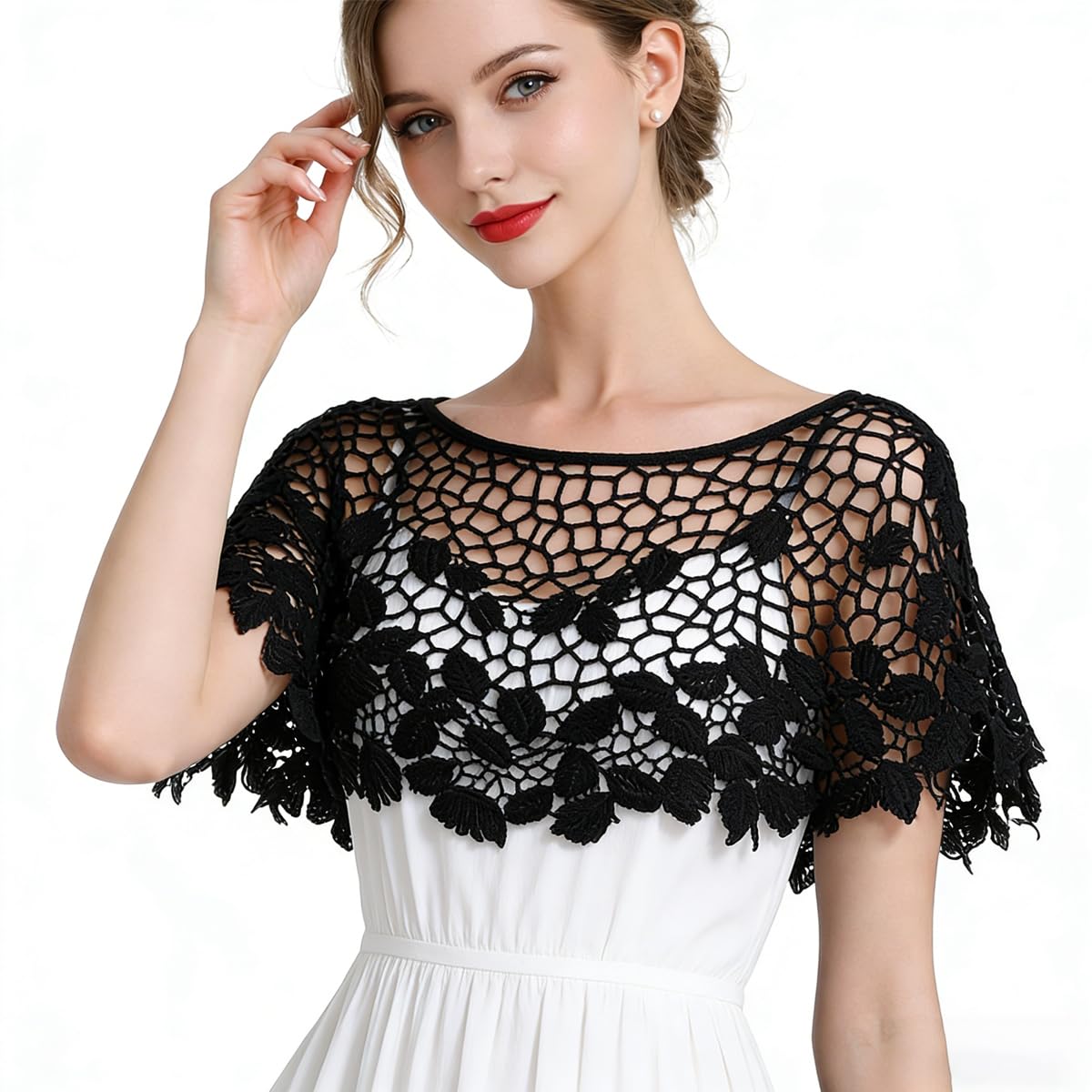 Lace Shrugs for Women Stylish Cape Poncho Shrug Top for Women, Floral Pattern Loose Knit Cover Up Wraps for Evening Dress, Off-Shoulder, Beachwear-image-24