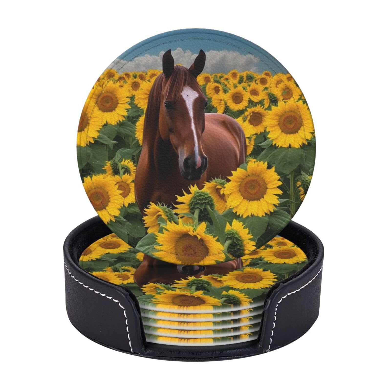 Round Coasters for Drinks Set of 6 - PU Leather Coasters with Holder - Modern Drink Coasters for Coffee Table - Horse and Sunflower Coaster for Tabletop Protection 4" Cup Mat Pad
