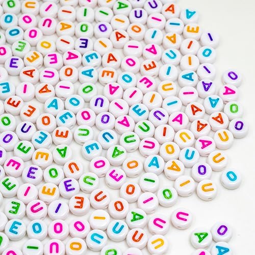 Miniatura 6 de Melius 500 cuentas acrílicas de letras vocales, AEIOU para pulseras, joyería, manualidades (4 x 7 redondas, de colores)