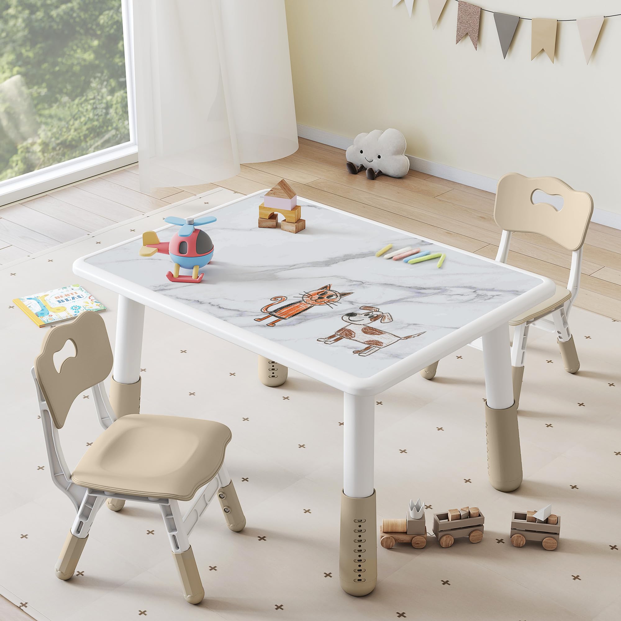DOREROOM Toddler Table and 2 Chairs Set, Height Adjustable Kids Table and Chair Set, 31.5''L x 23.6''W, Marble Pattern & Graffiti Desktop, Children