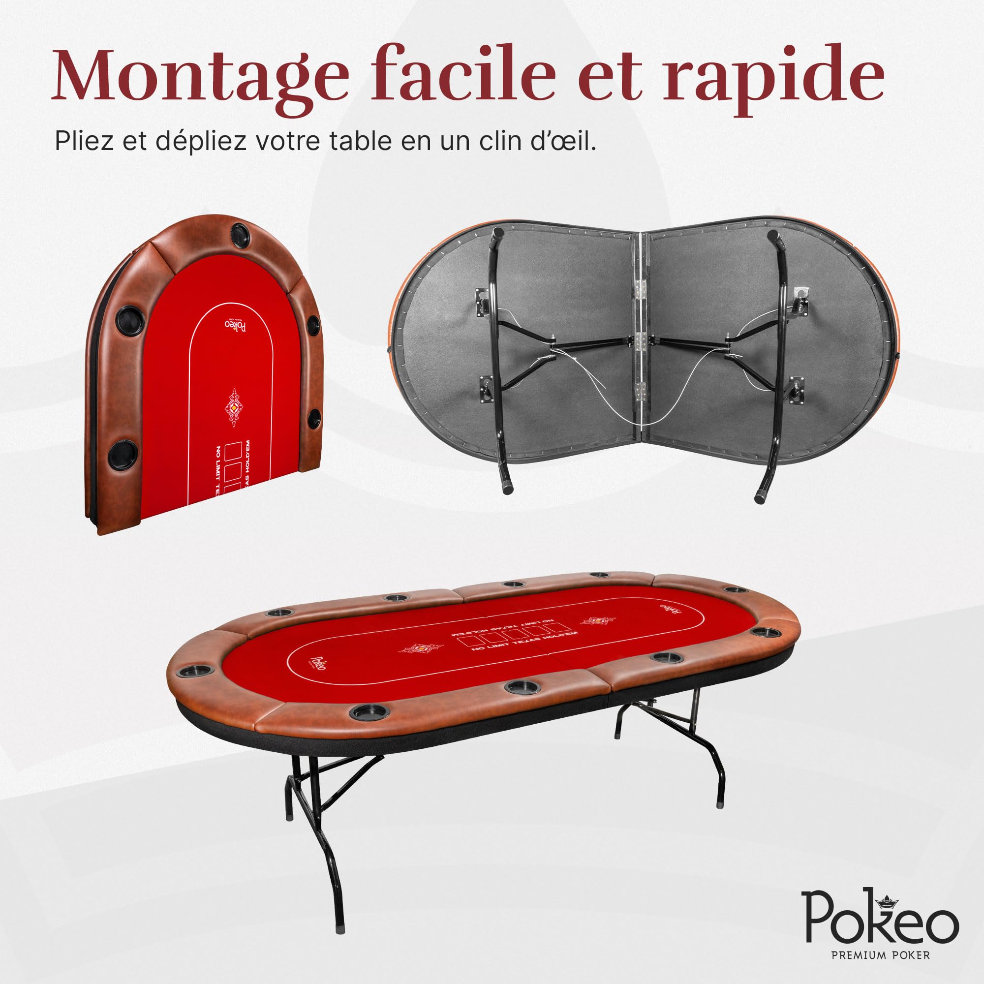 Mesa de Póker Plegable para 10 Jugadores Tapete Rojo Portavasos Texas Hold'em