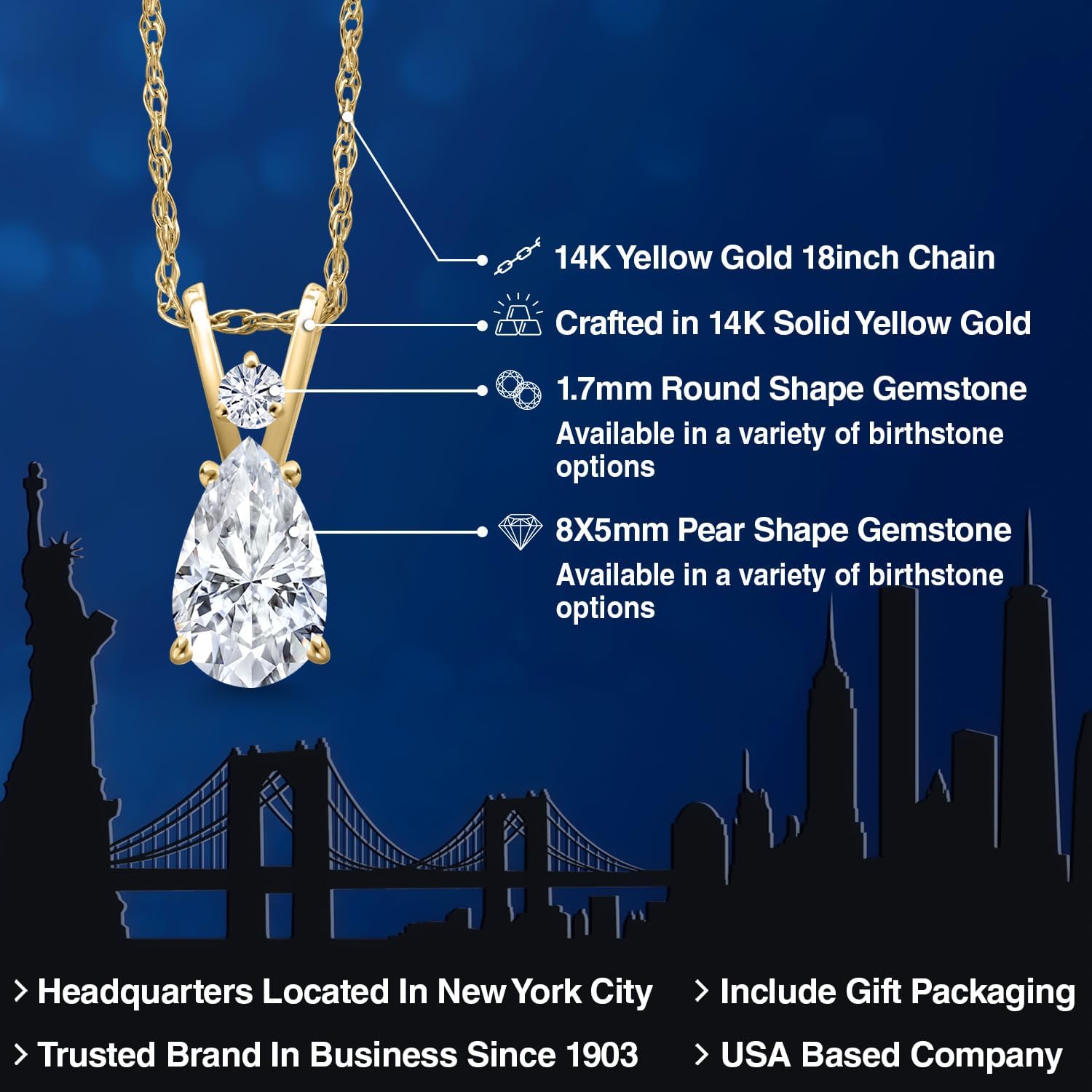 Gem Stone King 14K Yellow Gold White Moissanite Pendant Necklace for Women | 1.02 Cttw | Gemstone Birthstone | Pear Shape 8X5MM | With 18 Inch Chain - Image 2