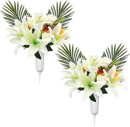 Miniatura 10 de Flores artificiales de condolencias para sillas de cementerio para lápidas, arreglo de mezcla de rosas rojas y amarillas para decoraciones de tumbas