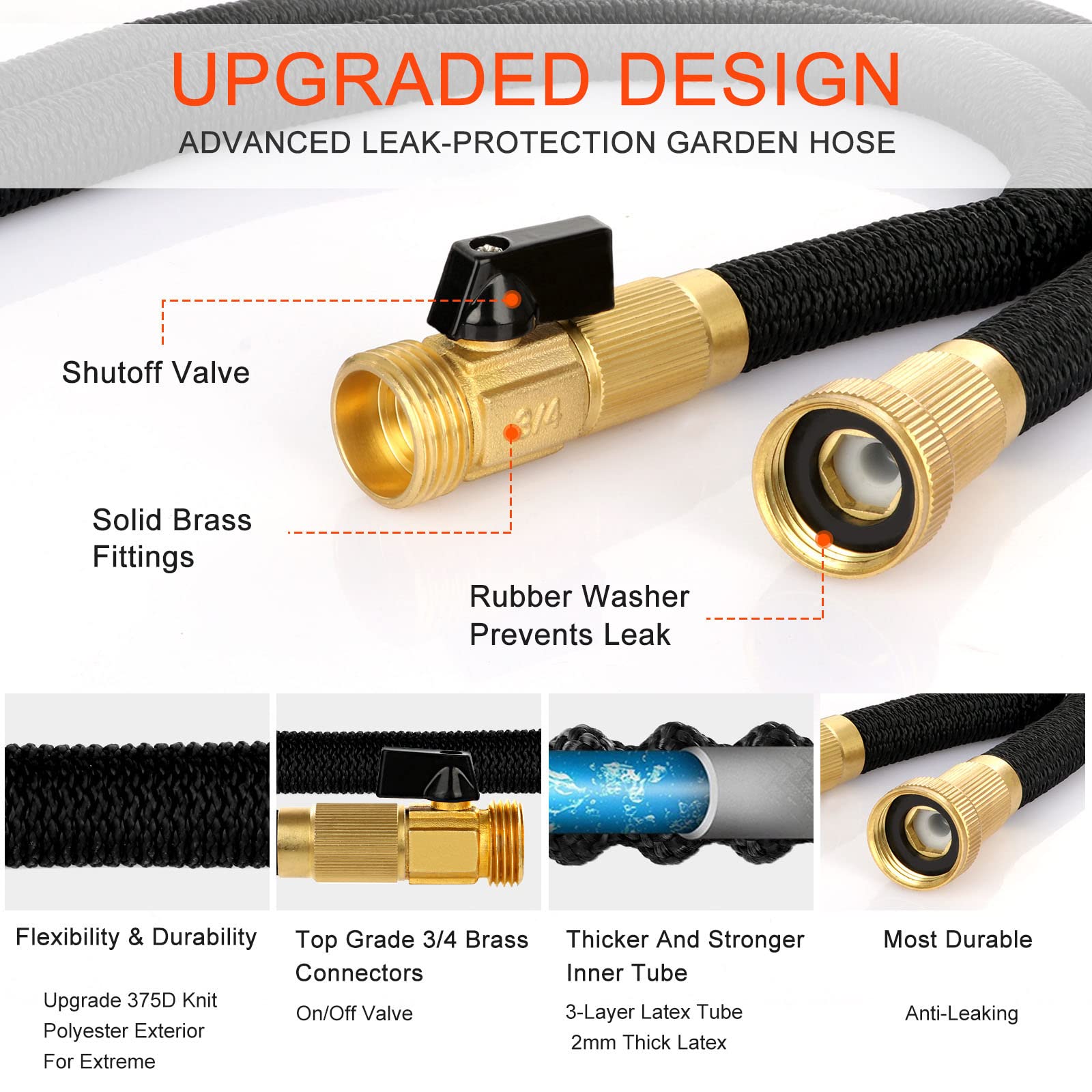 30M/100Ft Manguera De Agua De Jardín Expandibles Flexible con Pistola Pulverizadora De 10 Funciones, Núcleo De Látex Cuatro Capas, Conector Cobre Puro 3/4", Gancho De Metal, para Riego Césped