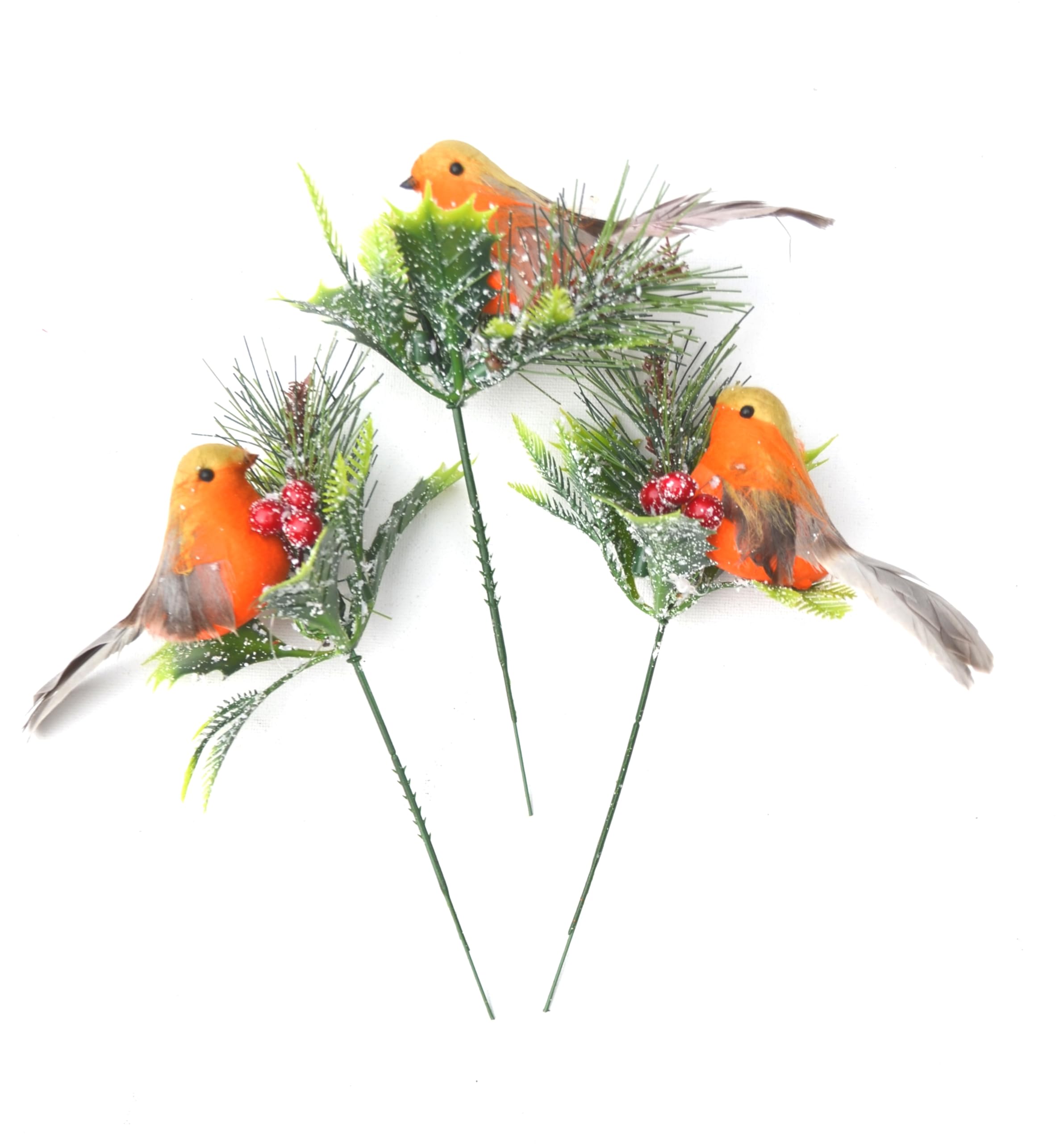 3x Christmas Robin Picks Fraosted Pine Xmas Flower Wreath Decoration PIck Spray Berries