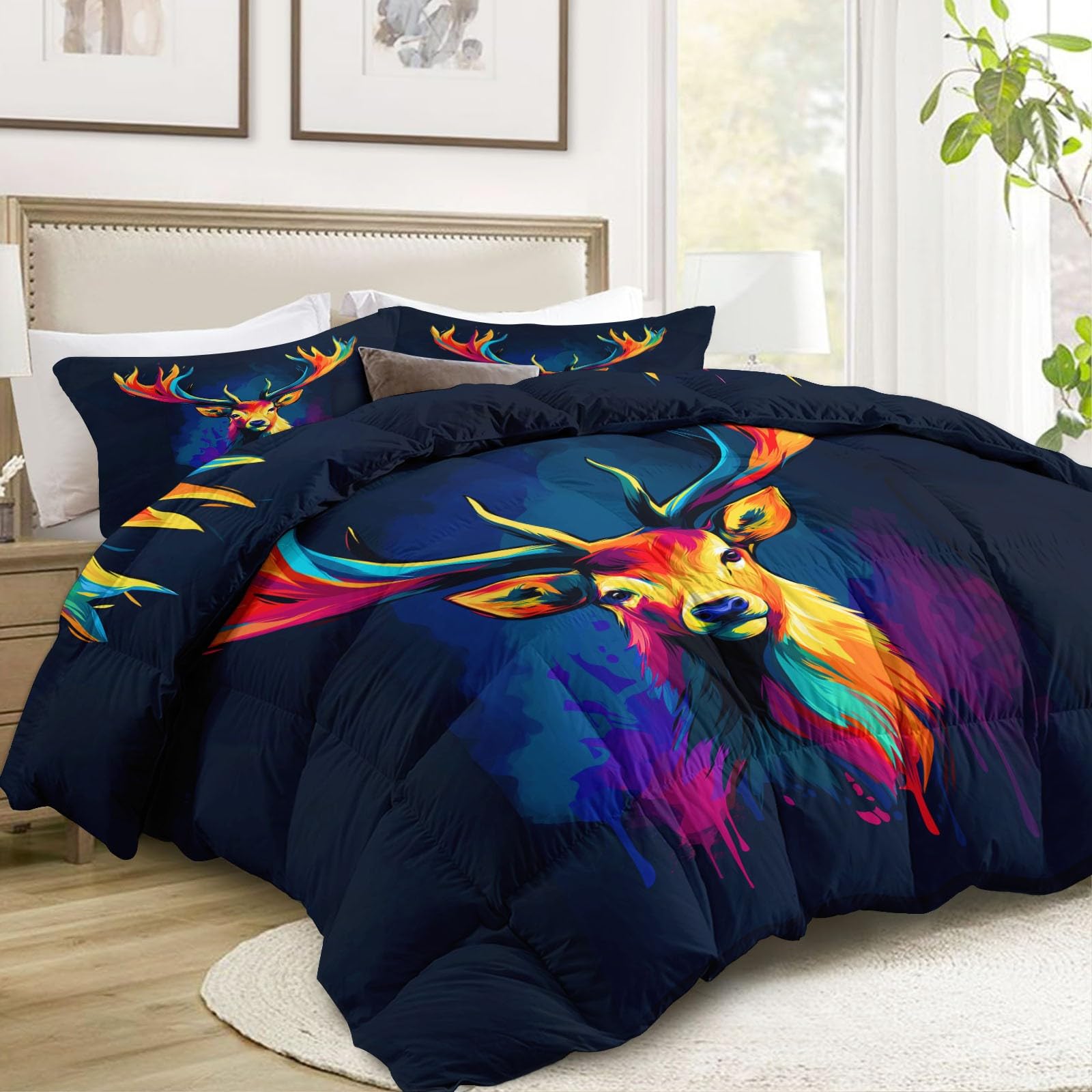 Generico Kołdra Łóżko Podwójne 4 pory roku 140 x 200 cm Kolorowe Zwierzęta Jeleń Kołdra Przez cały rok Ciepła i miękka - naturalna kołdra z piórami i kołdrą, hipoalergiczny koc na kołdrę, czarny