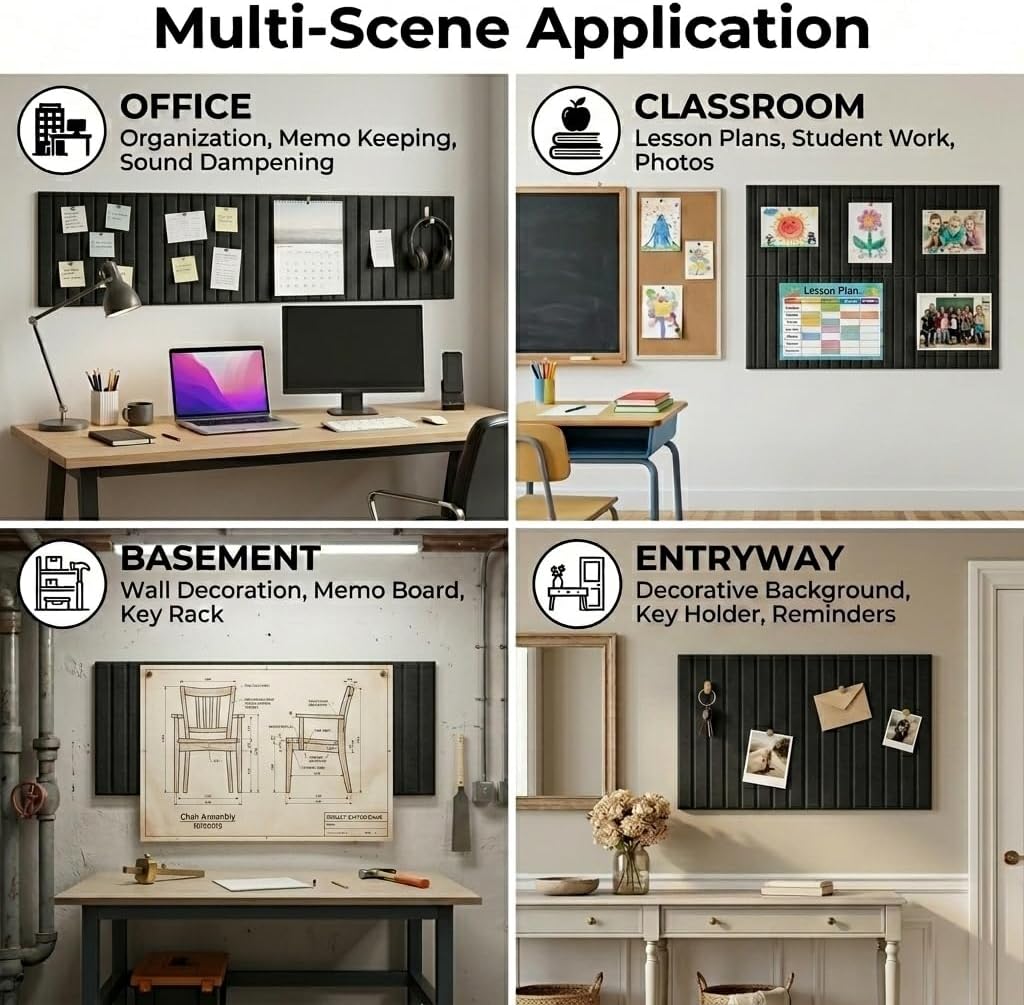Thick Felt Bulletin Board (12mm) - 6 Pack Bulletin Board with 50 Pins, Decorative Bulletin Board & Photo Display Board, Home Office Wall Organizer & Classroom Bulletin Board-Black