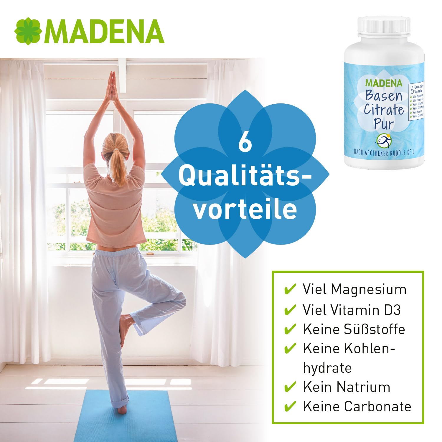 MADENA BasenCitrate Pur, 180 Kapseln, Elektrolyte-Lieferant mit 100% organischen Basen und viel Magnesiumcitrat, Zink, Kalium, Calcium, plus viel Vitamin D3