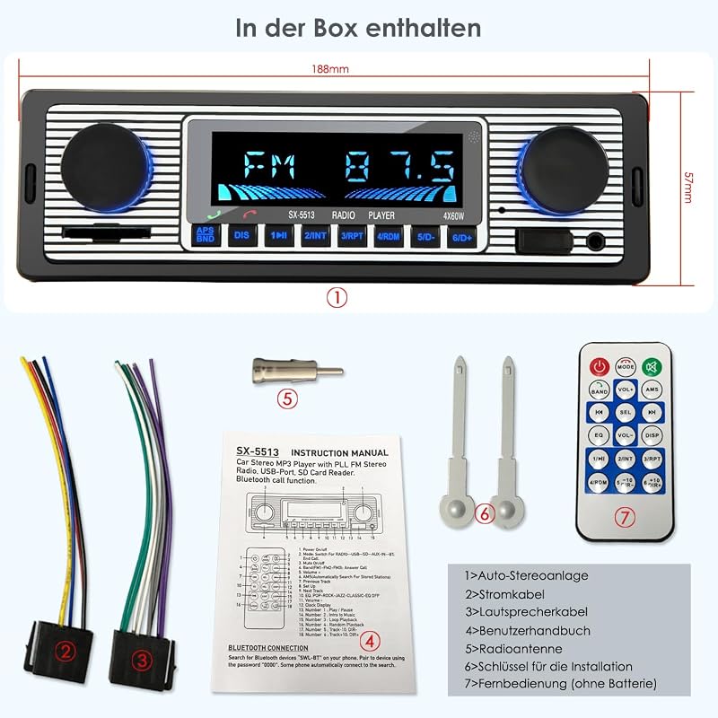 iFreGo Autórádió Bluetooth Kihangosítóval - 1 DIN, 7 Színű Háttérvilágítás, SD/TF/MP3/AUX, FM/AM, Gyorstöltés, 4x60W, Telefontartóval
