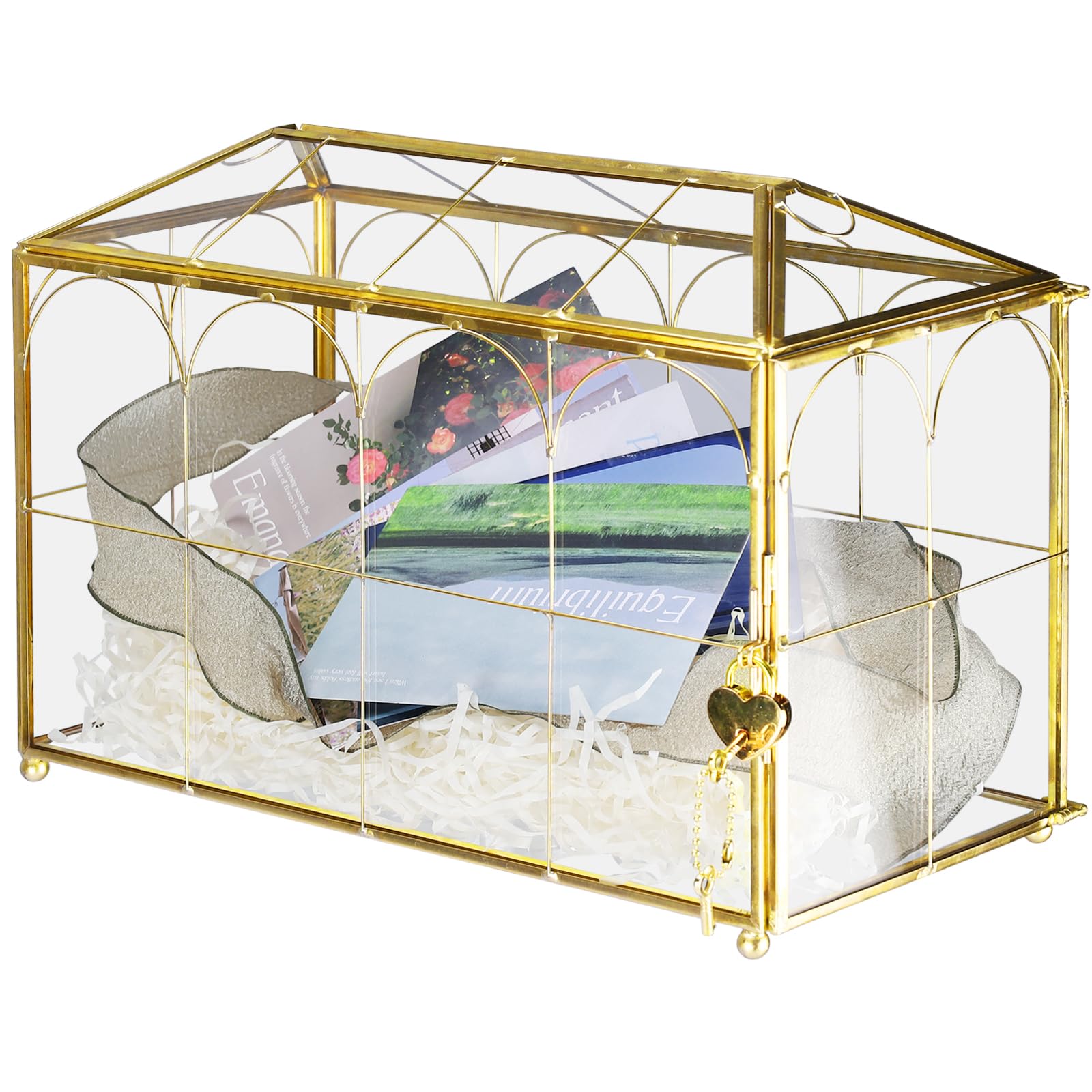 HighFree Hochzeitskarten-Glasbox mit Schlitz & Schloss, extra großes handgefertigtes geometrisches Terrarium, goldklare Display-Glaskarten-Box mit dekorativen Linien, für Hochzeitsempfang, Wunschgut,
