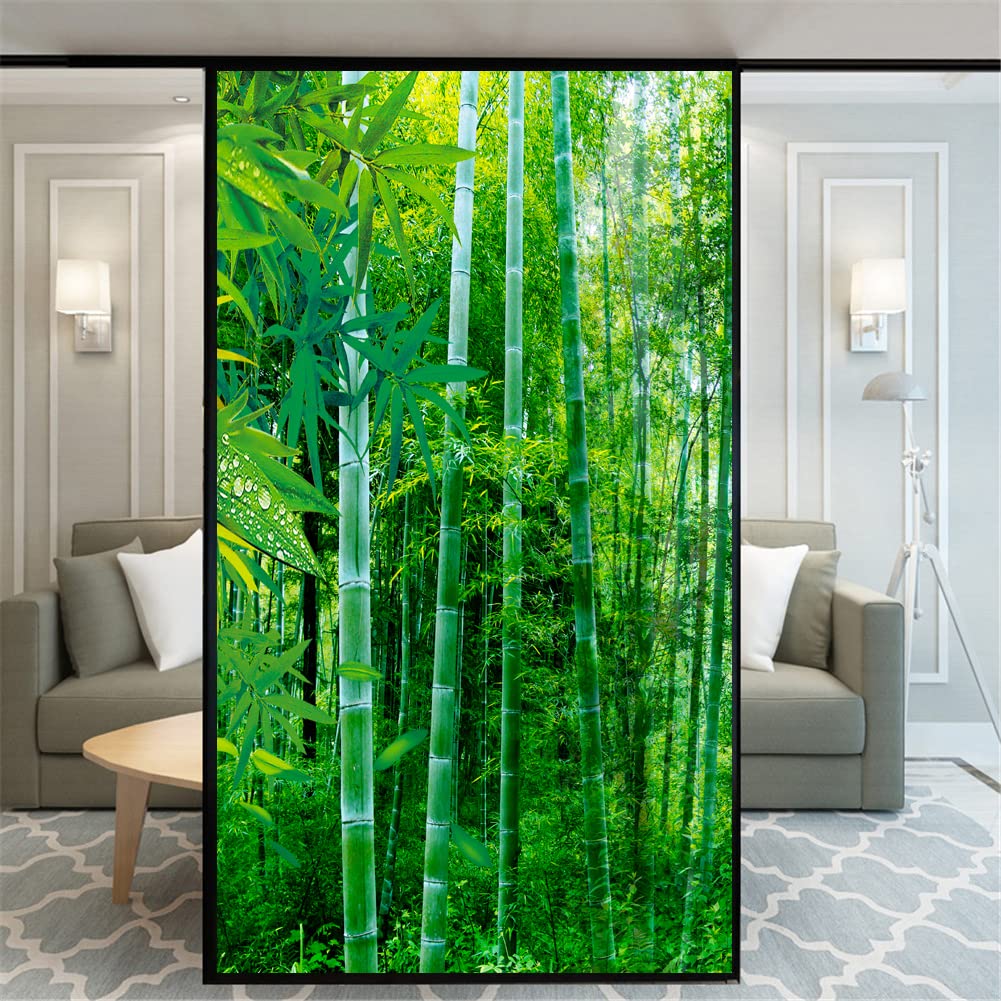 Xijier No Glue Window Film Privacy Green Bamboo 110G Decorative Frosted Glass Door Window Covering Window Decals Window Sticker for Home Office 89x190cm(35