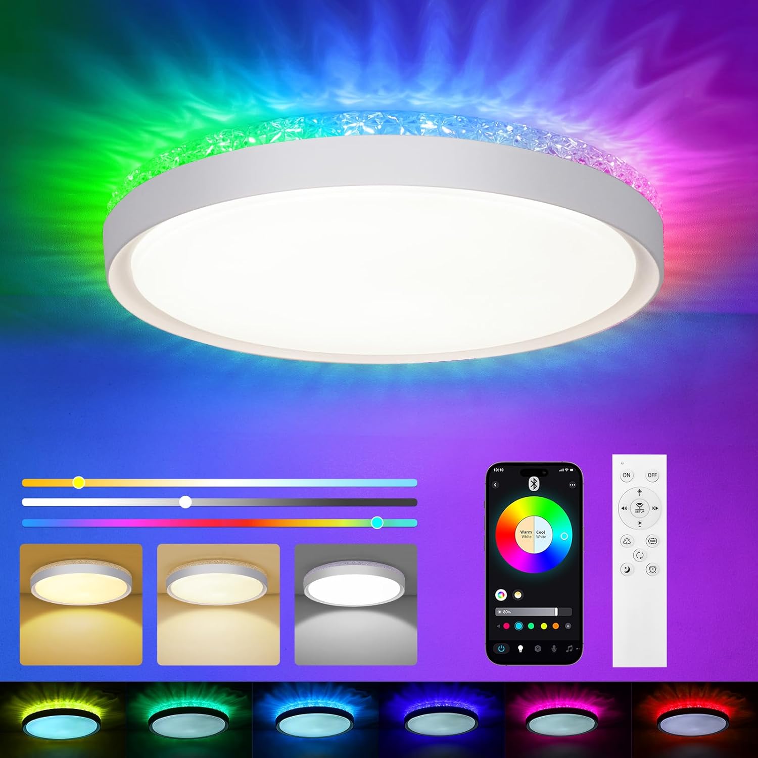 LED Ceiling Light 24W 2400LM 12 Inch Dimmable RGB Flush Mount Ceiling