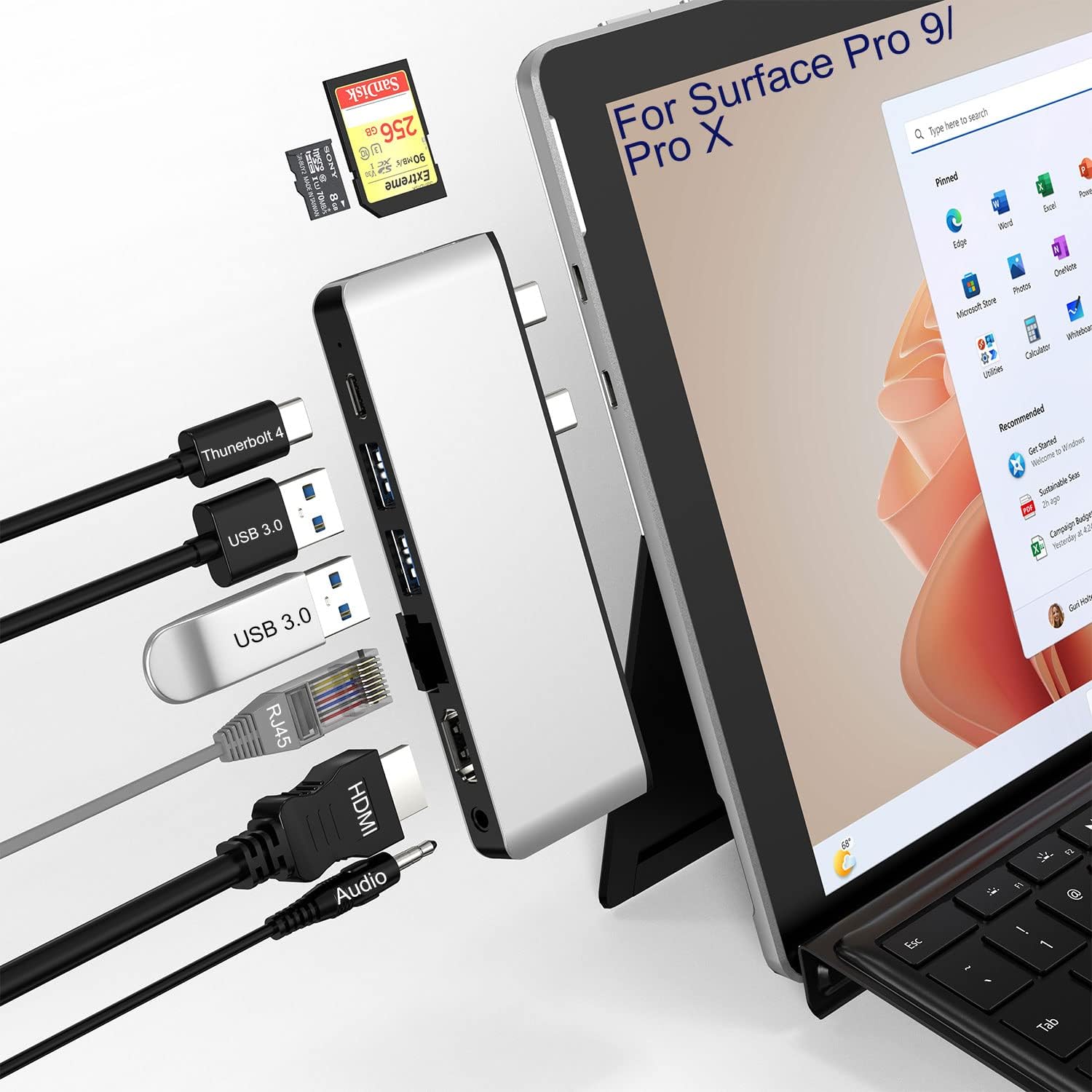 Surface Pro 9/Pro 11 USB Hub Docking Station with 4K HDMI, USB-C Thunerbolt 4(8K@30Hz Video+40G Data+100W Power), 100M RJ45, 2X USB3.0, SD, TF, 3.5mm Audio, Triple Display for Surface Pro 11/10/9/X