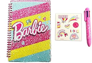 ODS - Barbie My Notebook, cuaderno con lentejuelas reversibles, páginas con rayas, páginas blancas y dibujos para colorear, incluye bolígrafo multicolor y 1 hoja de pegatinas Barbie, 15 x 21 cm