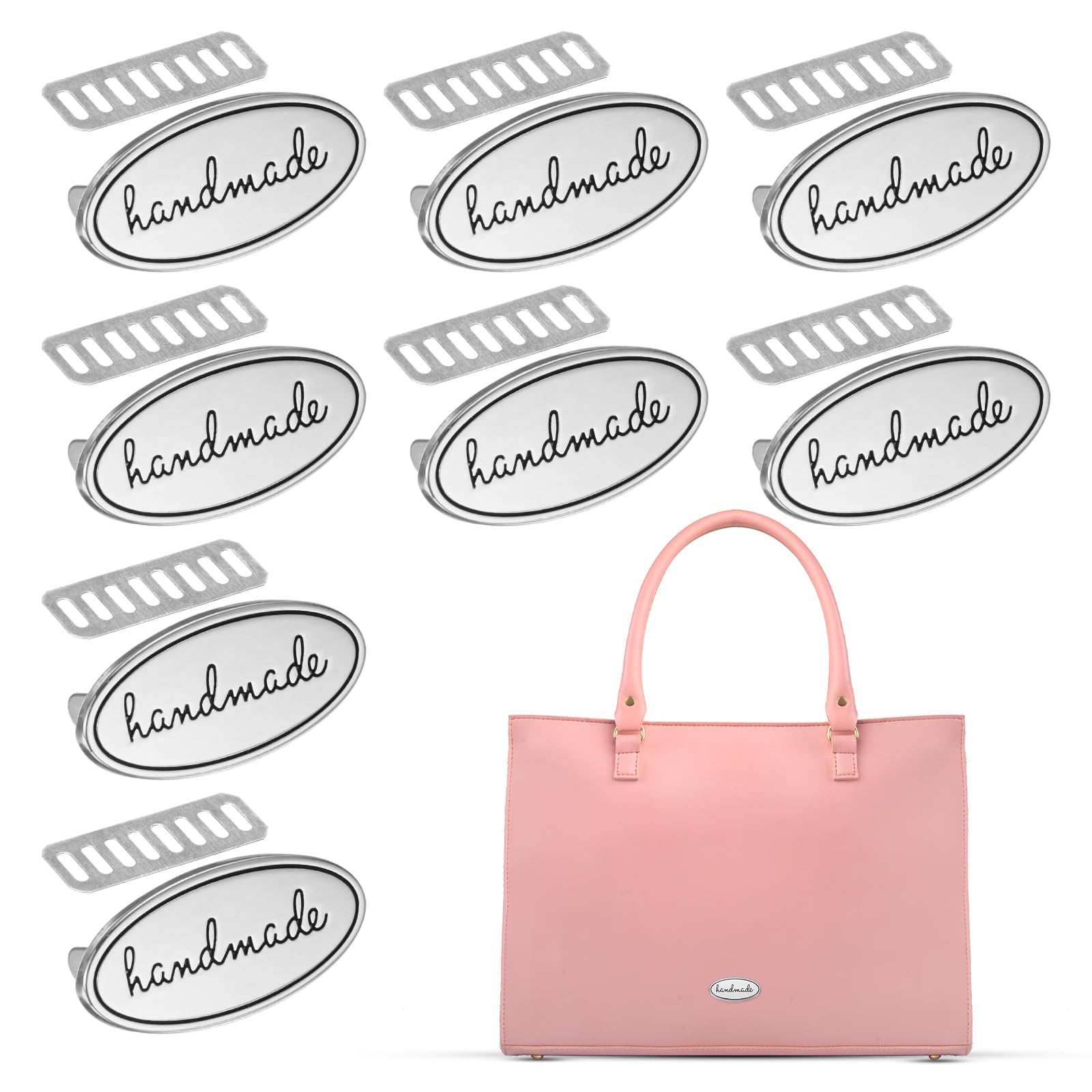 TIXIPEM 1.57 x 0.79 in Handmade Metal Oval Tags Label [8PCS] - Hand Made Purse Bags Sewing Labels with Shim Use for DIY Crafts & Bags Making & Accessories - [Silver Tone]