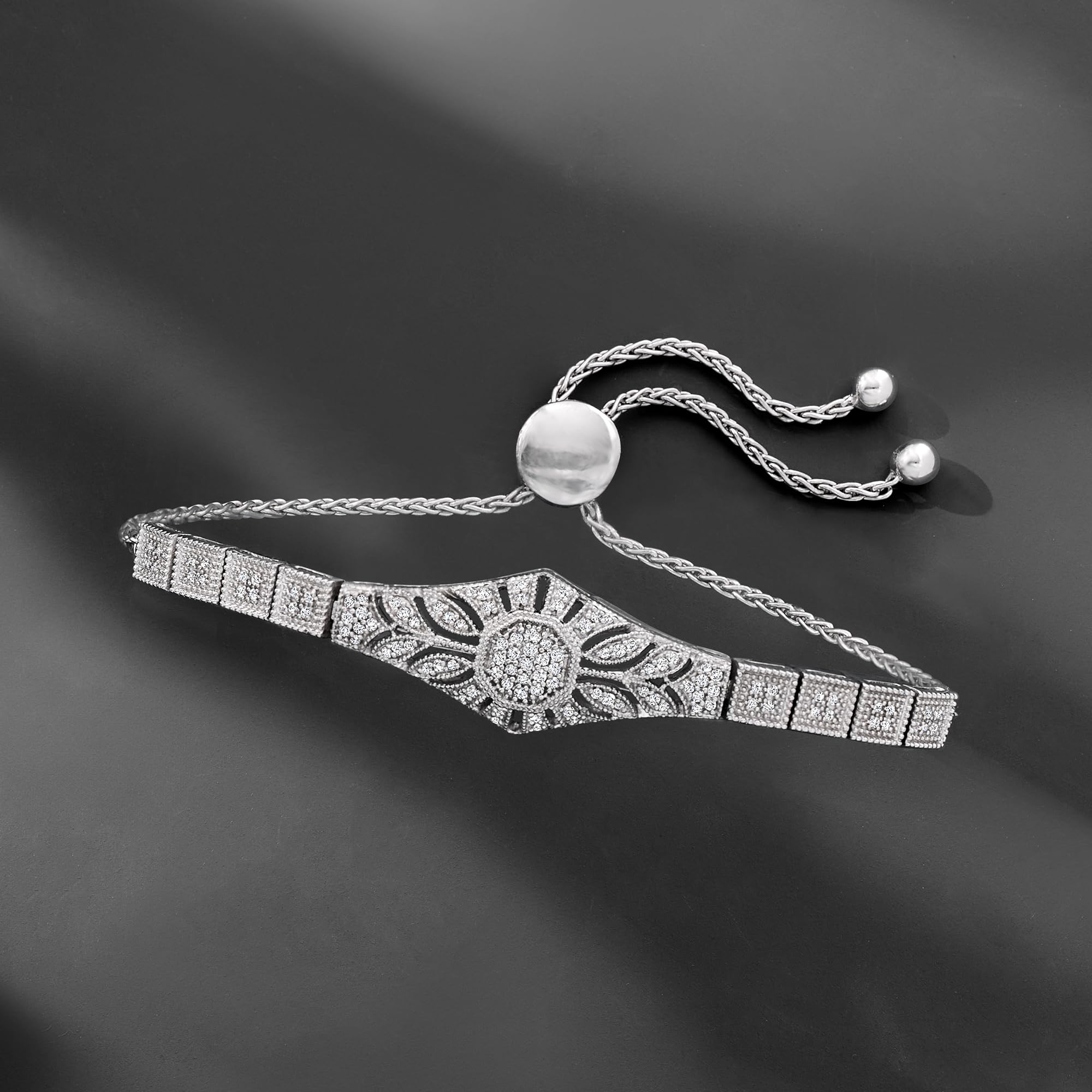 Ross-Simons 0.50 ct. t.w. Diamond Floral Openwork Bolo Bracelet in Sterling Silver