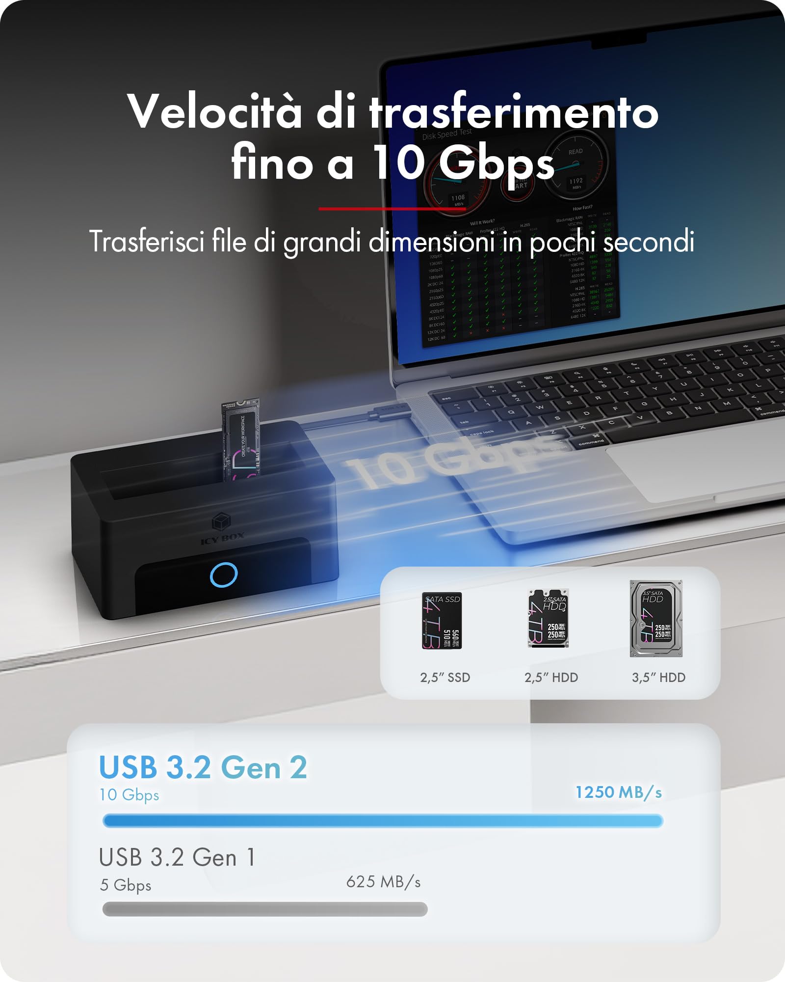 ICY BOX Docking Station per M.2 NVMe e HDD/SSD 2,5"/3,5", USB 3.2 Gen 2 Type-C (10 Gbps), HotSwap, UASP, dock SATA e NVMe per SSD e hard disk, IB-1123M-CU31, Spade Dock 1123