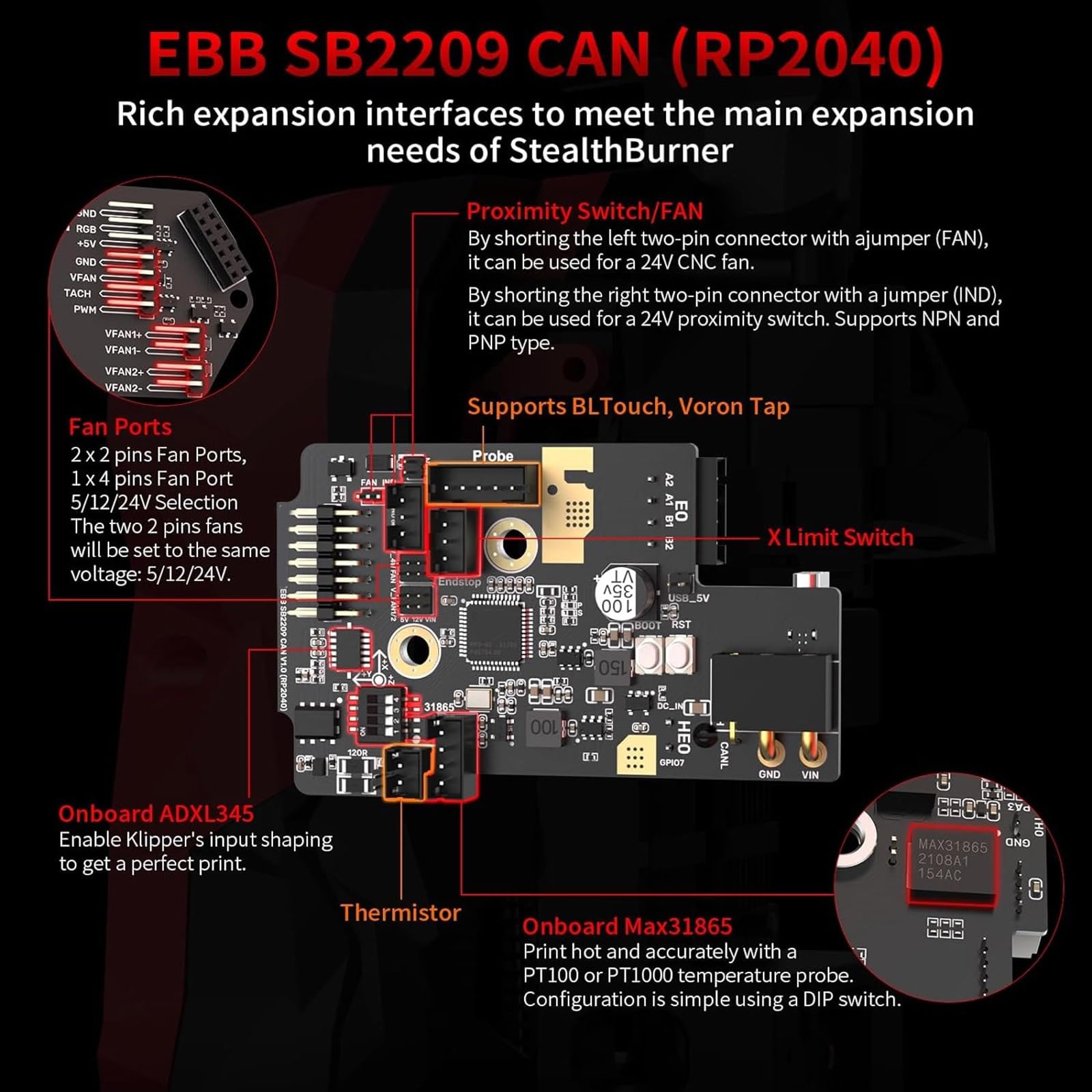 EBB SB2209 CAN(RP2040) Board Hotend Klipper Canbus Extruder HeadTool Max31865 Adapterplatine für Voron StealthBurner EBB SB2209 CAN (RP2040) für Voron StealthBurner 3D-Druckerteile Hotend Klipper