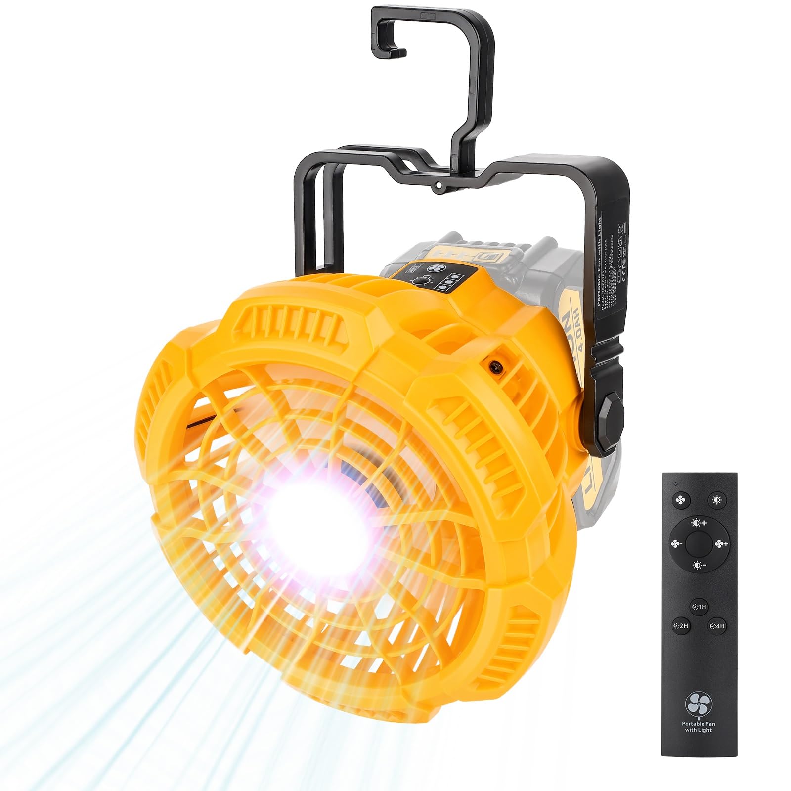 Portable Camping Fan with LED Lantern for Dewalt 20V Max Battery Operated Tent Ceiling Fan with Remote Control, Small Outdoor Fan with Hook for Canopy(No Battery)