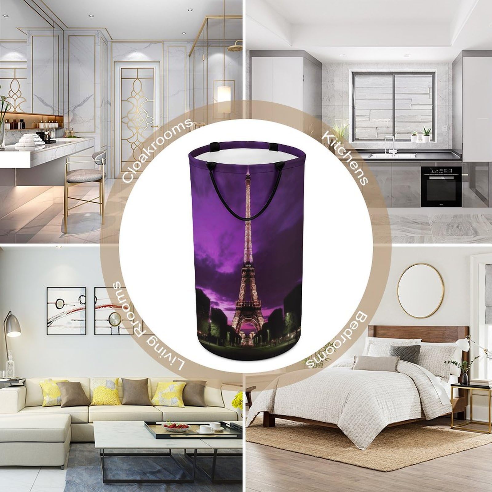 Cesta de ropa sucia de la torre Eiffel morada. Bolsa grande para ropa sucia. Cesta de almacenamiento para asas de fácil transporte. Cesta grande para ropa con asas, cubo de almacenamiento de ropa