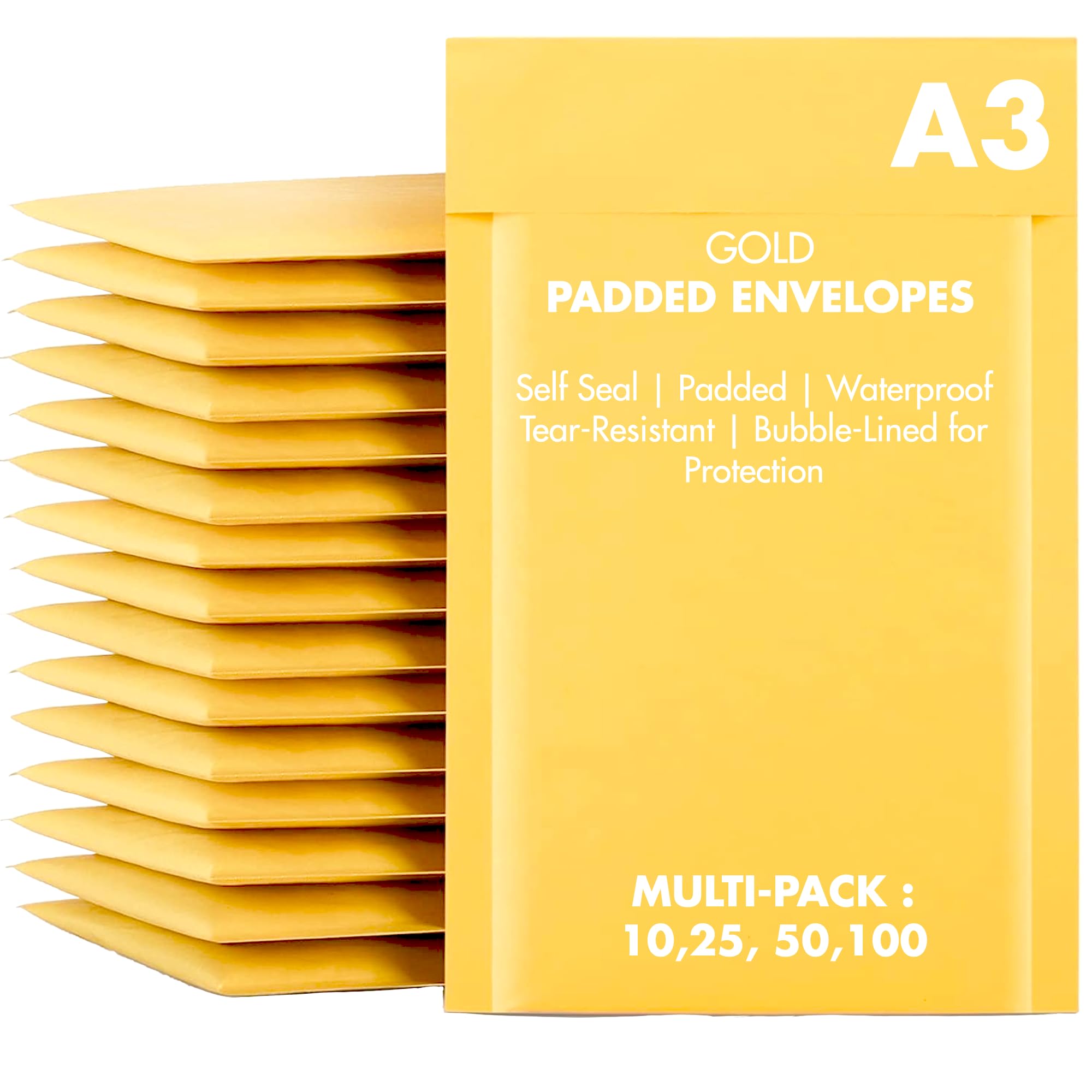 MEOWN Gold A3 Bubble Mailers – 25 Pack | Padded Self-Seal Envelopes for Secure Shipping – Waterproof, Tear-Resistant, Lightweight Protective Mailers for Small Business, E-Commerce, Packaging, Mailing