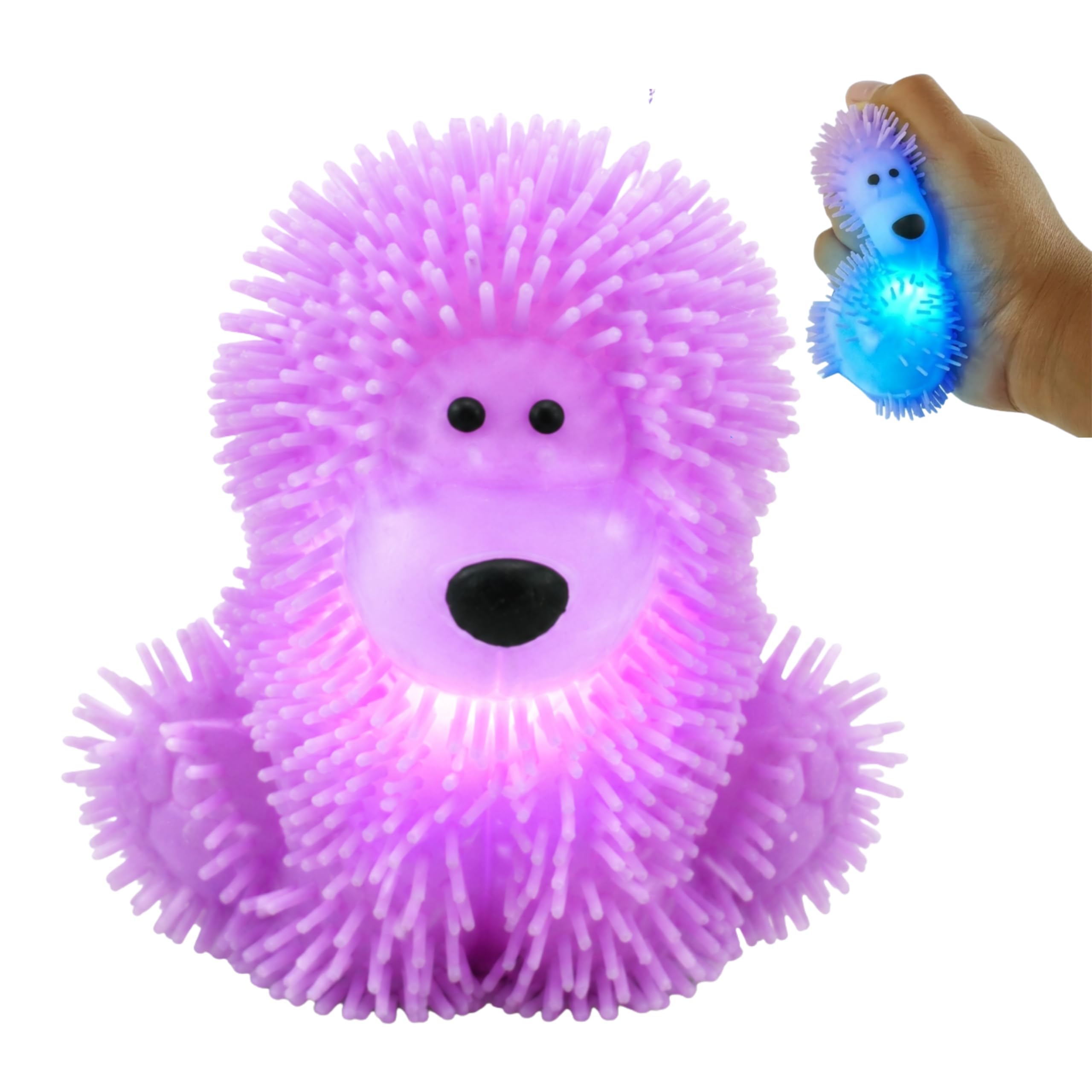 Light Up Purple Poochie the Poodle Toy, 7.5cm Soft Spikey Stress Ball for Kids, Stretchy Sensory Puffer Toy, Jiggly Squeeze Ball, Party Bag Filler & Birthday Favour