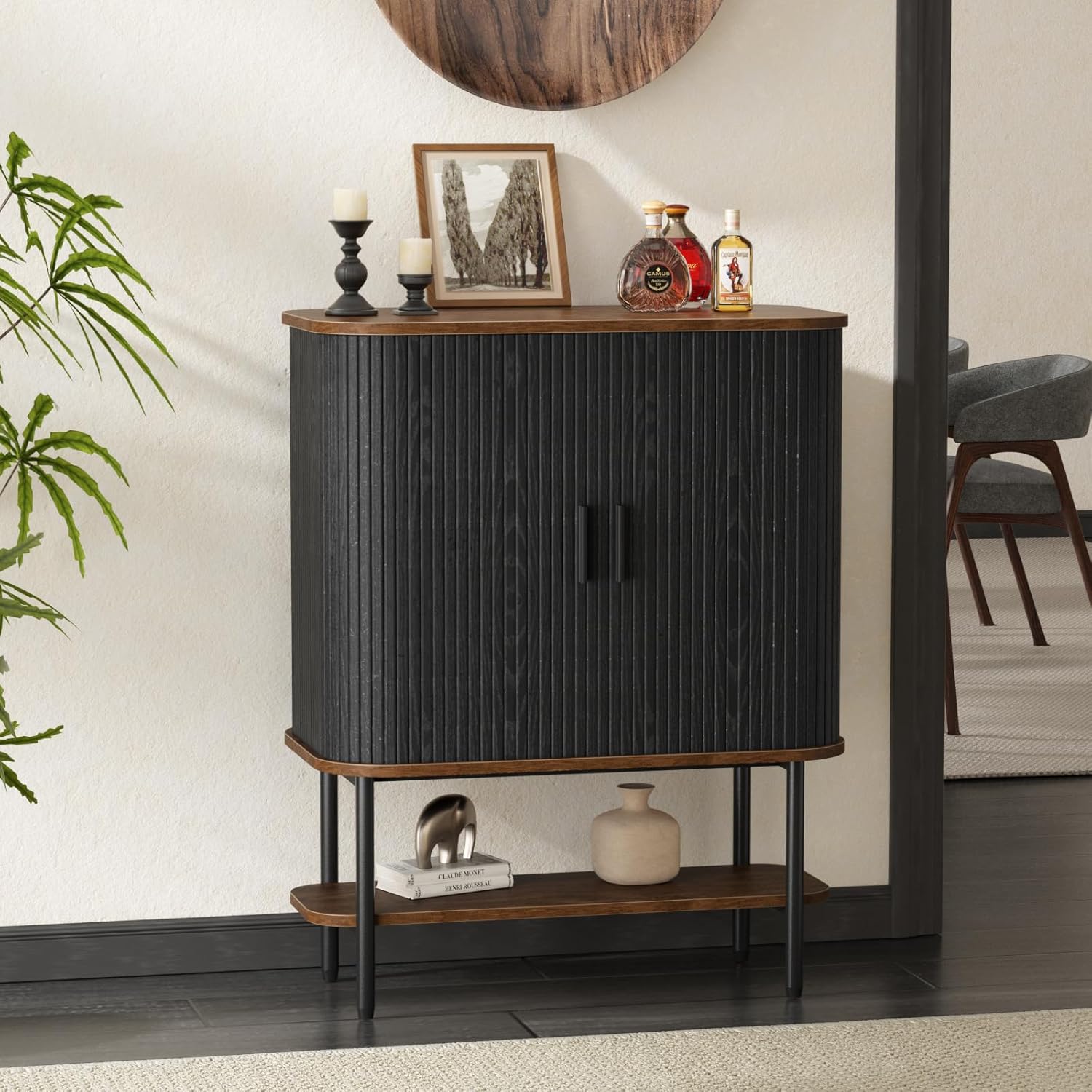 Black Coffee Bar Cabinet with Storage, Fluted Wine Liquor Cabinet with Sliding Doors, Glass Holder and Wine Rack, Buffet Sideboard for Kitchen, Dining Room, Living Room