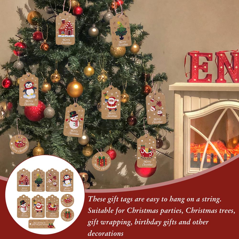 100 Etichette Regalo Di Natale In Carta Kraft Con Spago - 10 Motivi Natalizi, Per Pacchi, Albero O Decorazioni Fai-da-te