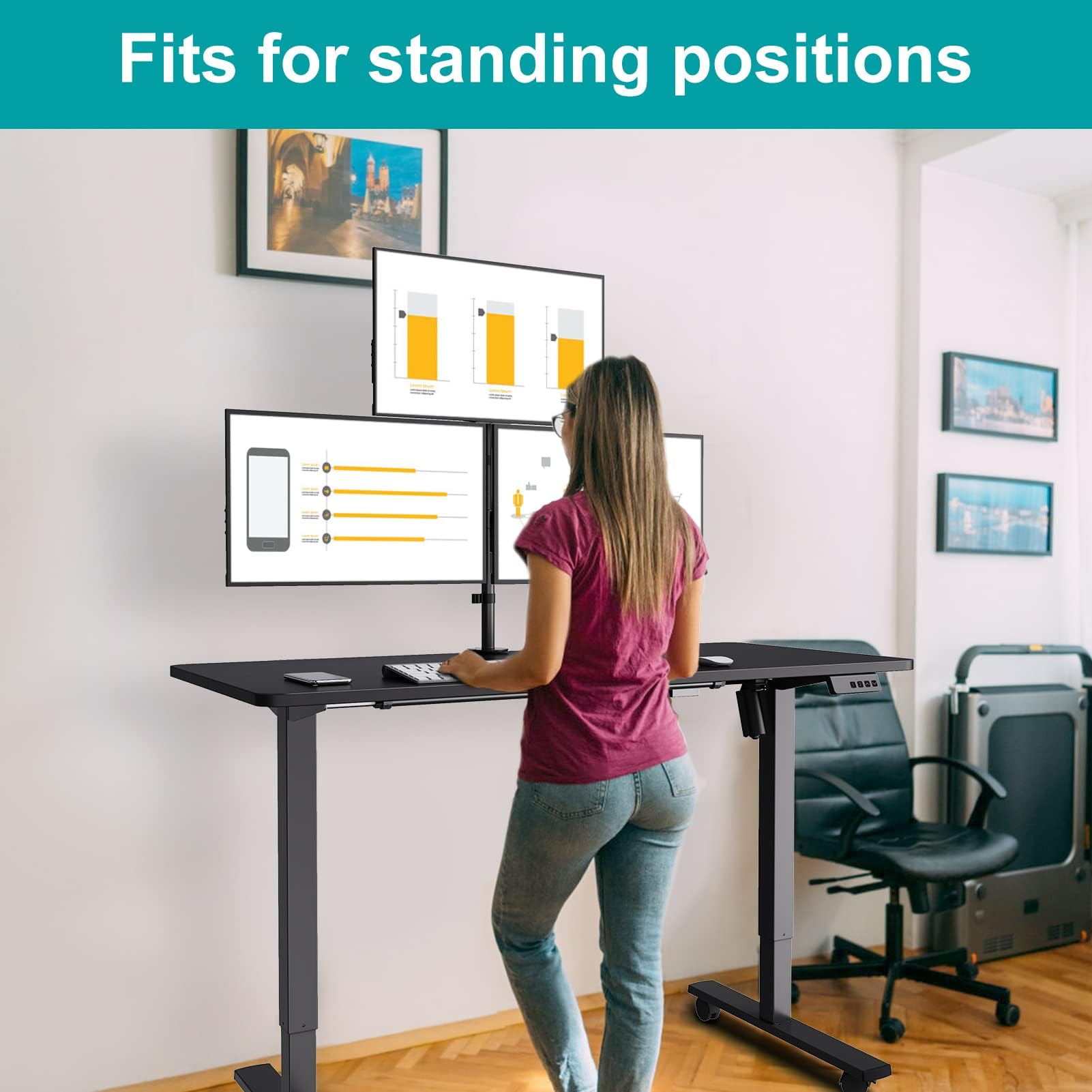 MOUNT PRO Soporte triple para monitor, soporte de escritorio para 3 pantallas de hasta 32 pulgadas, 17.6 libras cada una, soporte apilado totalmente ajustable, montaje VESA de mesa, abrazadera C/base