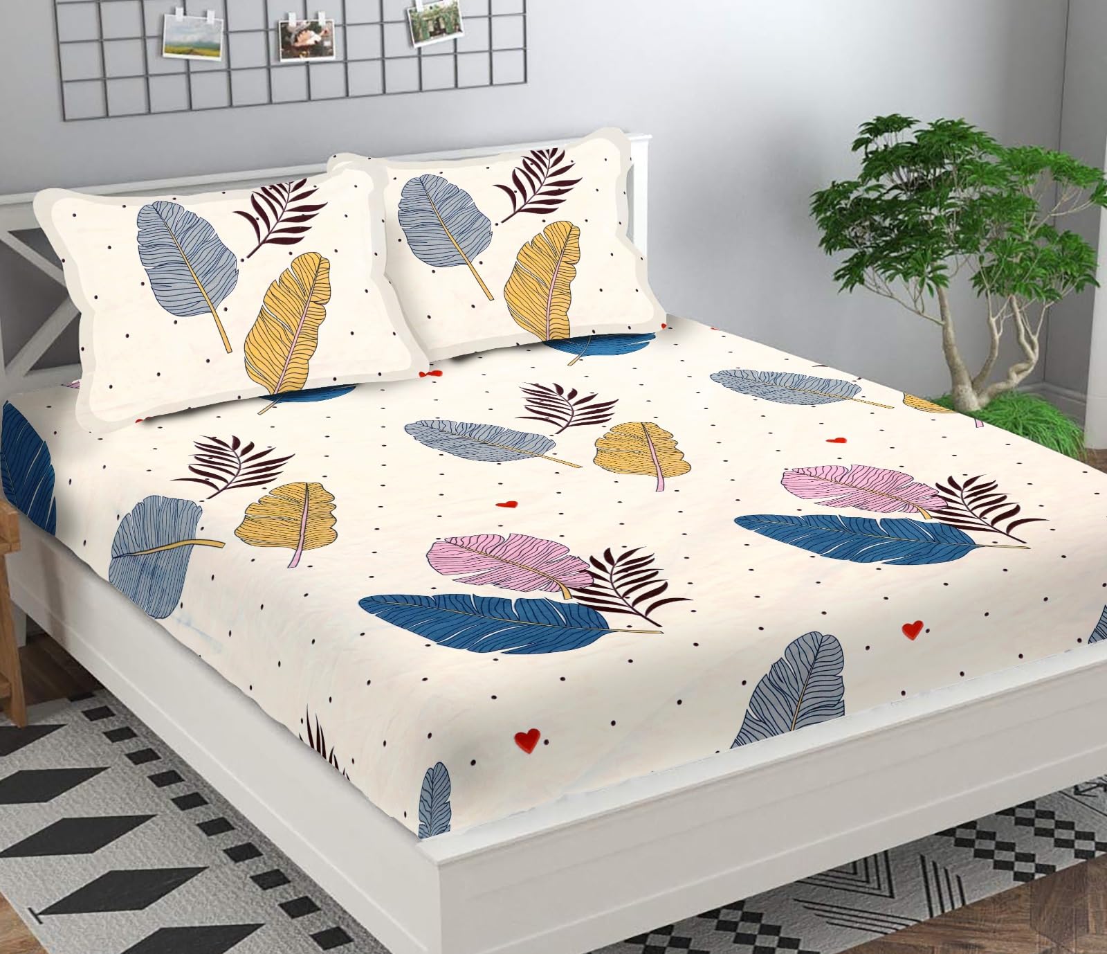 Decorative Feather Print Bedding Set, White with Blue, Yellow and Pink Leaves Pattern, Modern Botanical Design, Cotton Bed Sheets with Pillowcases-image-40