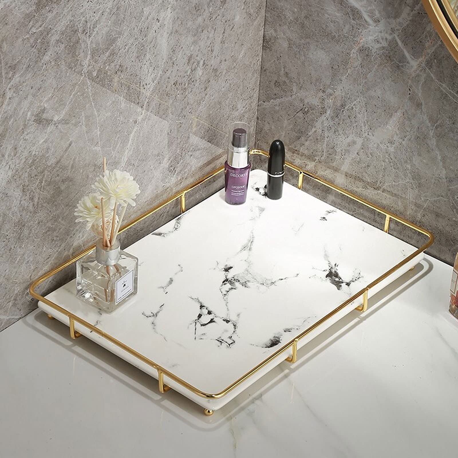 Taca do serwowania taca toaletka taca na perfumy taca na komoda ozdobna taca metalowa dekoracyjna taca na biżuterię organizer na perfumy taca do makijażu na toaletkę, łazienkowe tace dekoracyjne (rozmiar: duża)