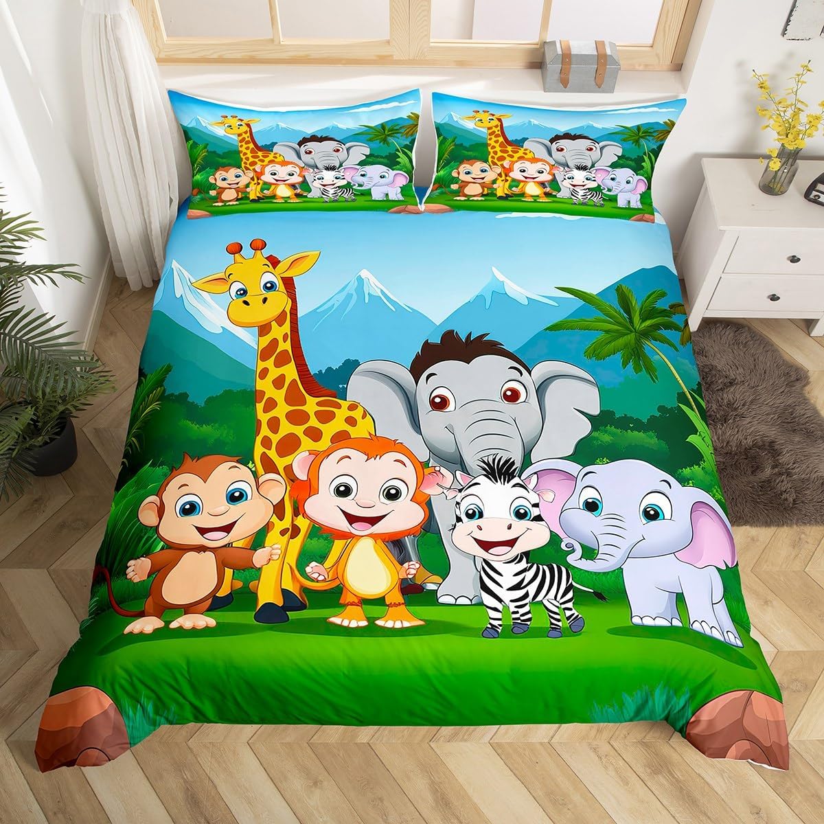 Feelyou Kids Animal Comforter Cover Set Cartoon Lion Elephant Giraffe Printed Duvet Cover Child Boys Girls Safari Zoo Pattern Bedding Set Bedspread Bedroom Collection 3Pcs King Size