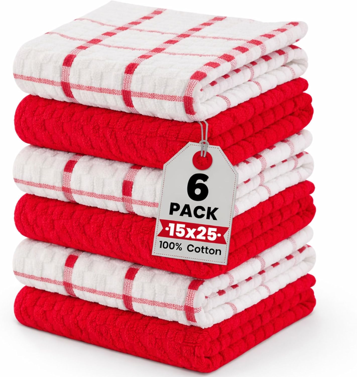 GOLD TEXTILES Kitchen Towels 6 Pack Premium 100% Cotton Dish Towels for Kitchen (15 x 25 Inches) Super Soft & Absorbent Kitchen Hand Towels for Drying Dishes, Cleaning - Reusable and Washable (Red)
